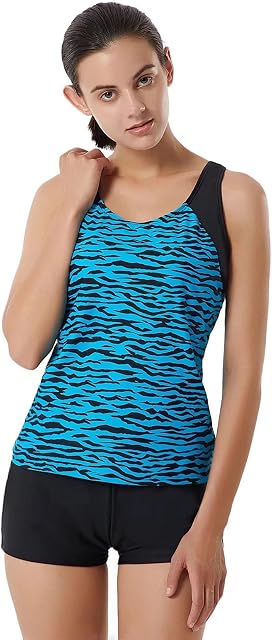 LULUWINGX Women Tankini Swimwear Two Pieces Racerback Bathing Suit Athletic Swimsuit with Boyshort Wave Black