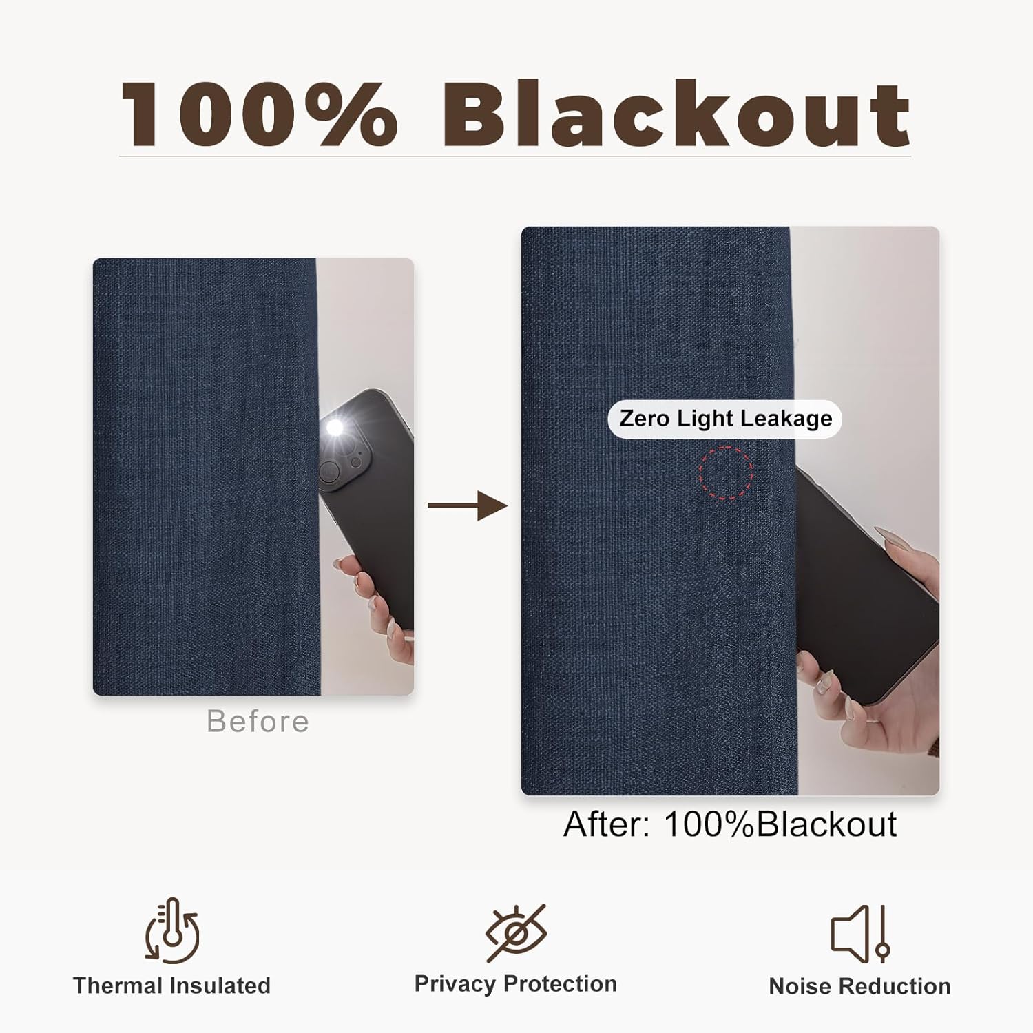 TWOPAGES Natural Linen Blended Deep Blue Blackout Curtain 102 Inches Long Thermal Insulated Pinch Pleated Back Tab Curtain Drape for Living Room Bedroom, 84 x 102 Inch, 1 Panel
