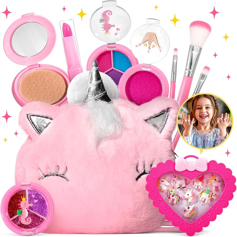 Kids Real Makeup Kit for Little Girls - Real, Non Toxic, Washable Make Up Toy - Umicorn Toys Gift for 3 4 5 6 7 8 9 10 12 Years Old Girls Birthday