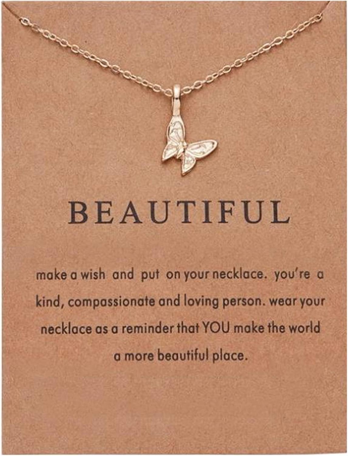 tenghong2021 Butterfly Pendant Chain Necklace with Message Card Good Luck Sun Unicorn Horseshoe Crescent Shape Necklace Dainty Angel Wings Necklace Gold Silver Choker Necklace
