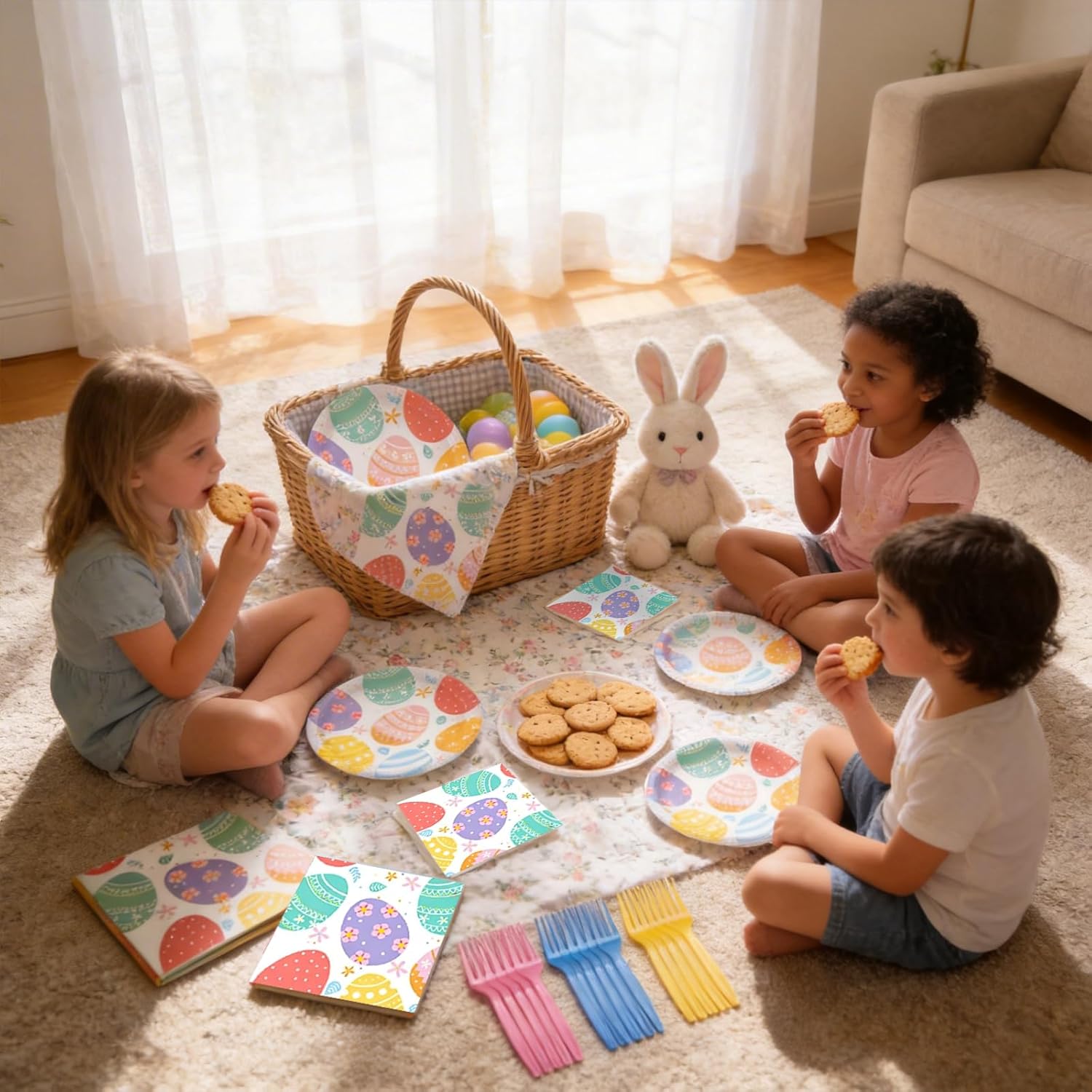 96Pcs Easter Tableware Set- Colorful Eggs Pattern Disposable Dinnerware with Paper Plates, Napkins, Forks for Holiday Dinners, Parties, and Spring Celebrations, Serves 24