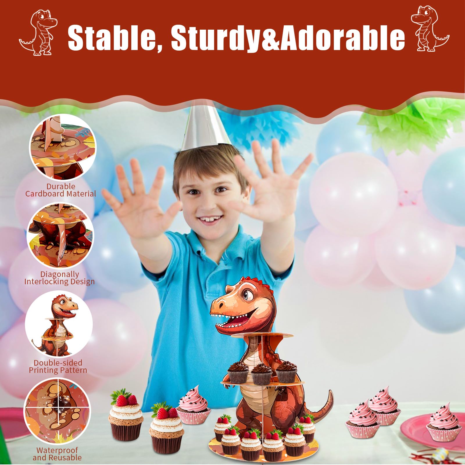 niCWhite Dinosaur Cupcake Stand, 3 Tire Dinosaur Themed Cupcake Holder Stand Cardboard Dessert Tower Cup Cake Display Stand Tiered Tray for Kids Dinosaur Jungle Birthday Party Decorations (1 Piece)