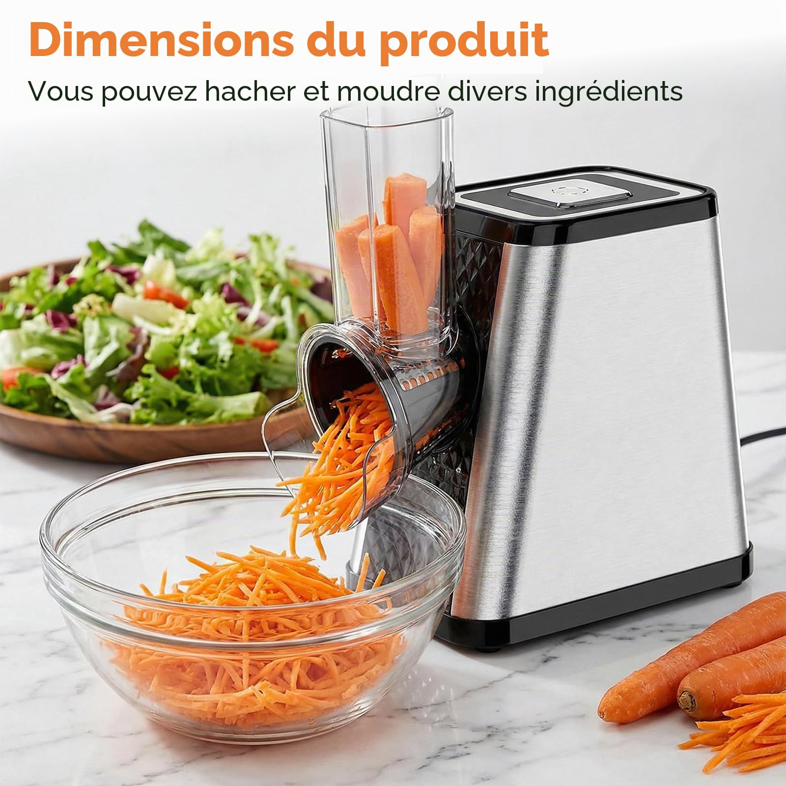 Coupe-légumes électrique 5-en-1, Râpe à légumes électrique 500W avec 5 lames en inox pour fromage, légumes, fruits – Robot râpe et trancheur multifonction