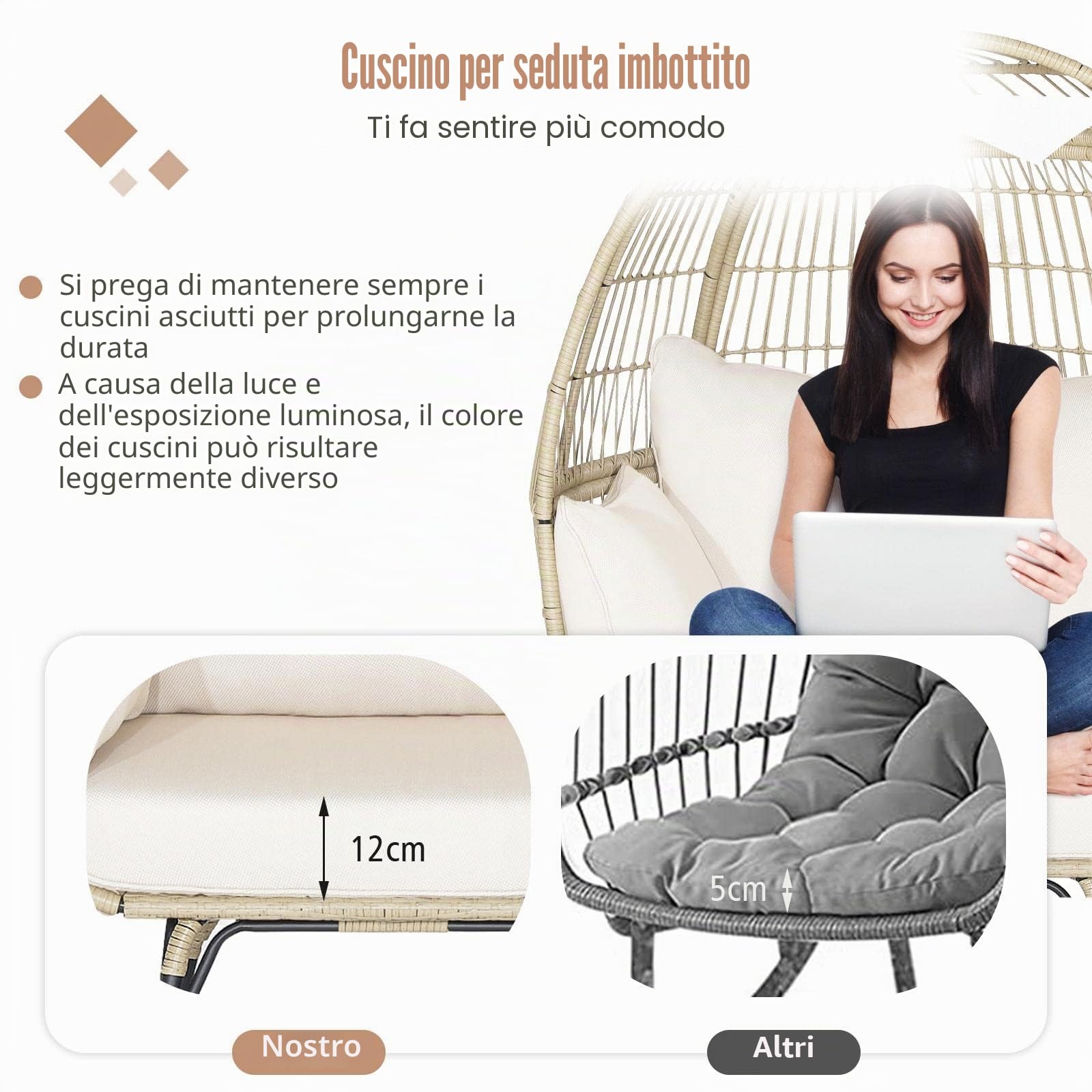 KOMFOTTEU Poltrona da Esterno in Rattan Boho Chic, Portata fino a 180 kg Poltrona da Giardino con Cuscini, Sedia a Forma di Uovo con Struttura in Metallo, Divano per Soggiorno, Terrazza, Marrone