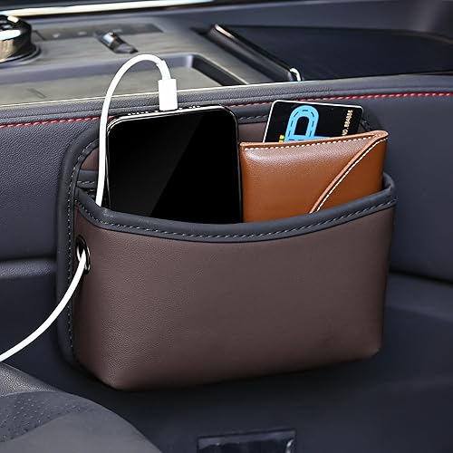 Miniatura 8 de JEYODA Bolsillo de almacenamiento lateral para asiento de auto, organizador pequeño, bolsa organizadora lateral de consola de cuero sintético Negro