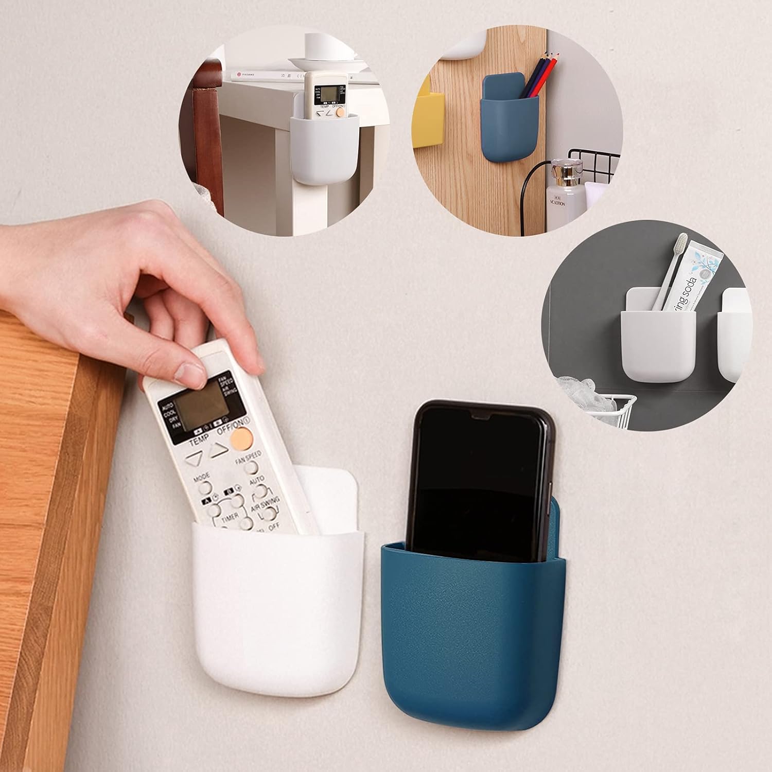 Remote Control Holders Wall Mount Adhesive Phone Wall Mount Holder Pen Holder Sticky Remote Control Storage Box for Home Office School Supply Organizer 6 Pcs(White, Blue) : Office Products