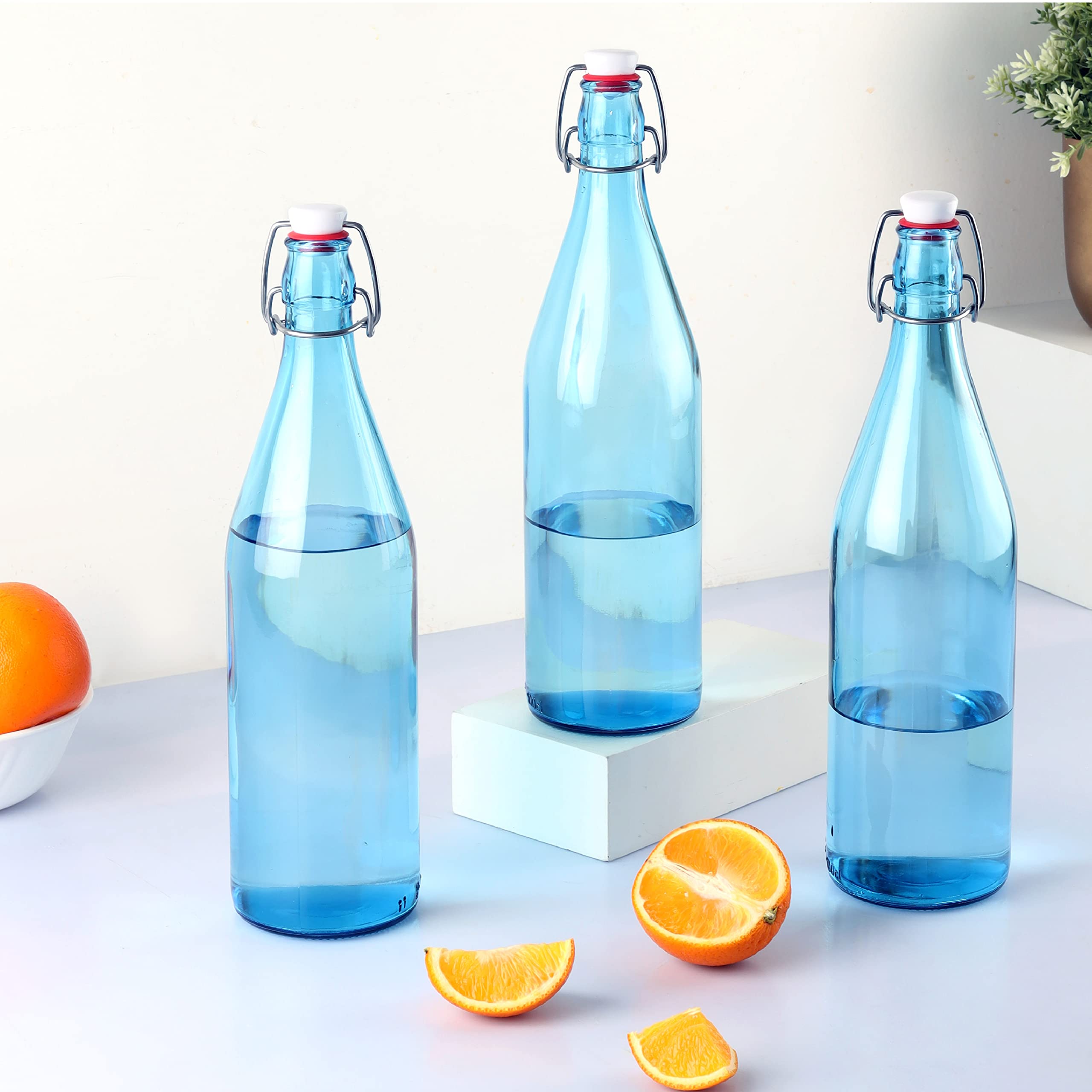 CELLO Aquaria Glass Water Bottle Set of 3 Pcs For Daily Use 1000 ml, Assorted | Durable Freezable & Fridge Safe, Leakproof & Leadfree Toughened Glass Water Bottle For Juices, Milk & Cold Beverages