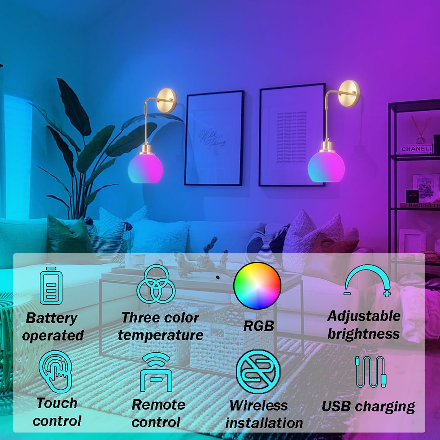 Wall Sconces Set Of Two Battery Operated Sconces With Remote,Rechargeable Wall Sconce Non Hardwired UP To 50 Hours Long Life,Globe Glass Wall Sconce With RGB light Bulb For Bedroom Living Room
