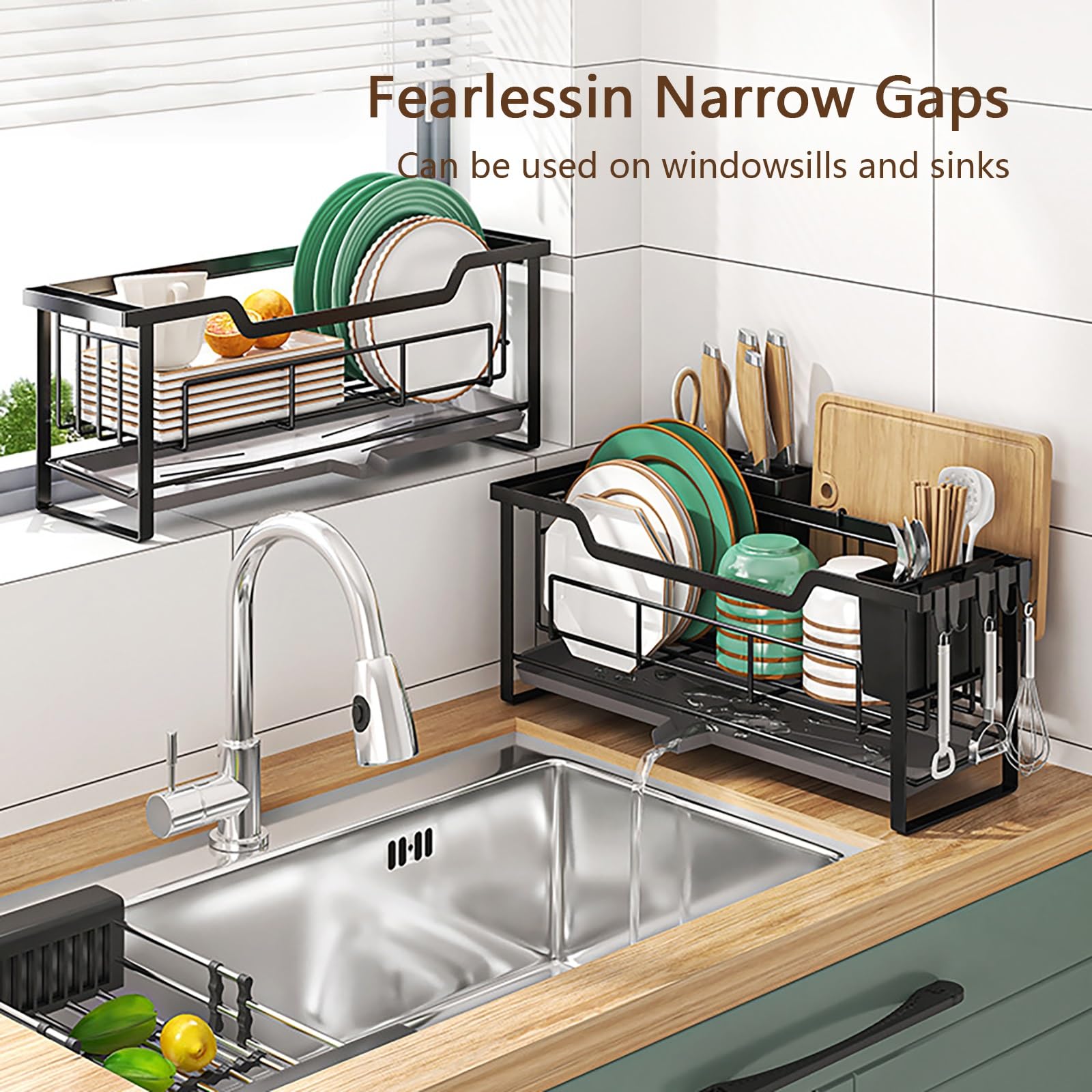 Égouttoir à vaisselle pliable, peu encombrant, pliable en fer avec planche d'égouttement, design à séchage rapide et porte-ustensiles pour petites cuisines (noir, taille L)