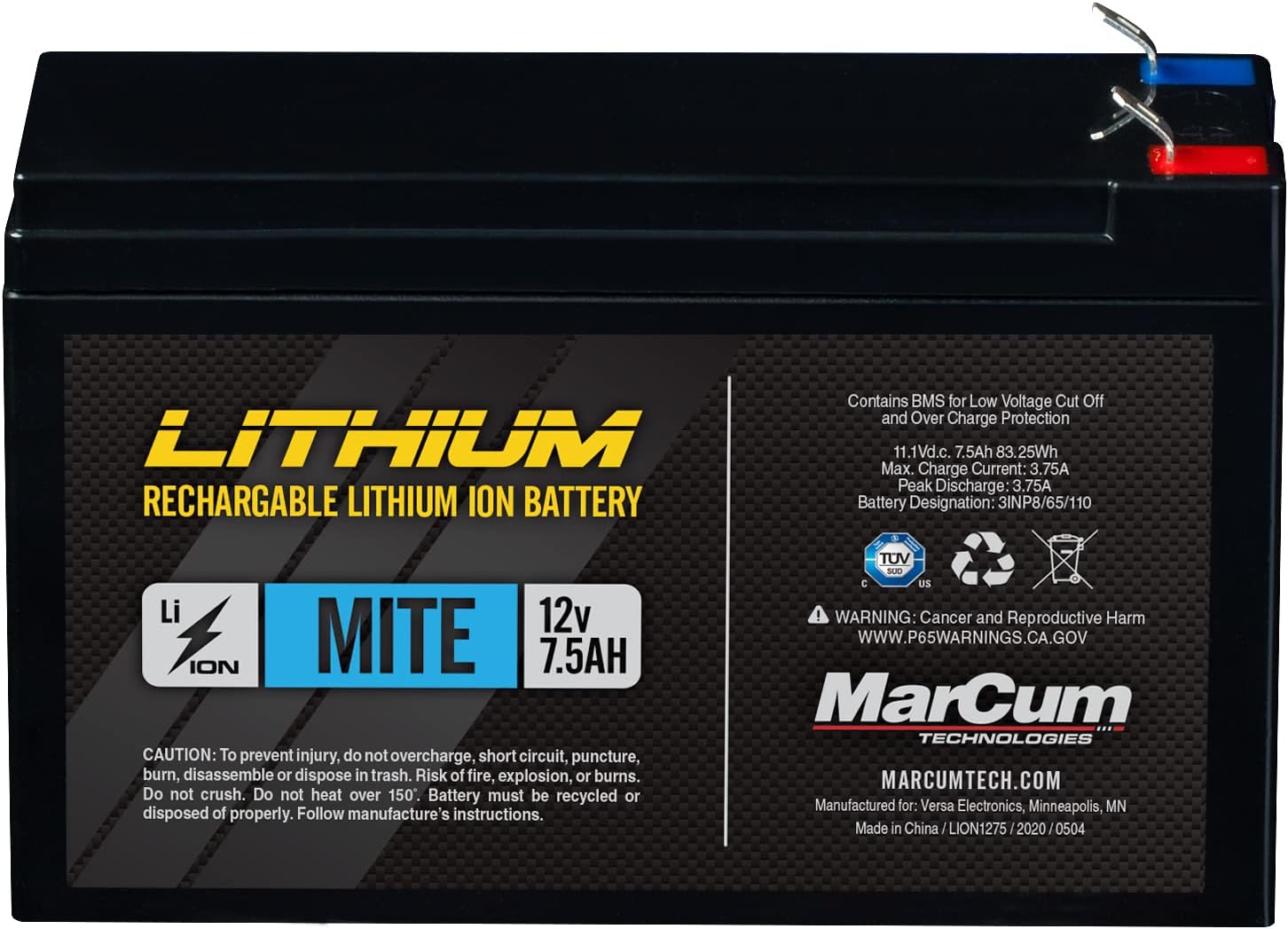 MarCum Lithium 12V 7.5AH Li-ion Mite Battery and 3 amp Charger | Ice Fishing Gear | Ice Fishing Accessories | Tech Gadgets for Fishing | Fishing Gear and Equipment