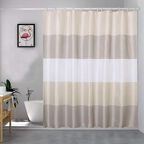 Miniatura 8 de MORNITE Cortinas de ducha para baño, cortina de ducha dorada, marrón, blanco, ligera, a rayas neutrales, tela impermeable con 12 ganchos de