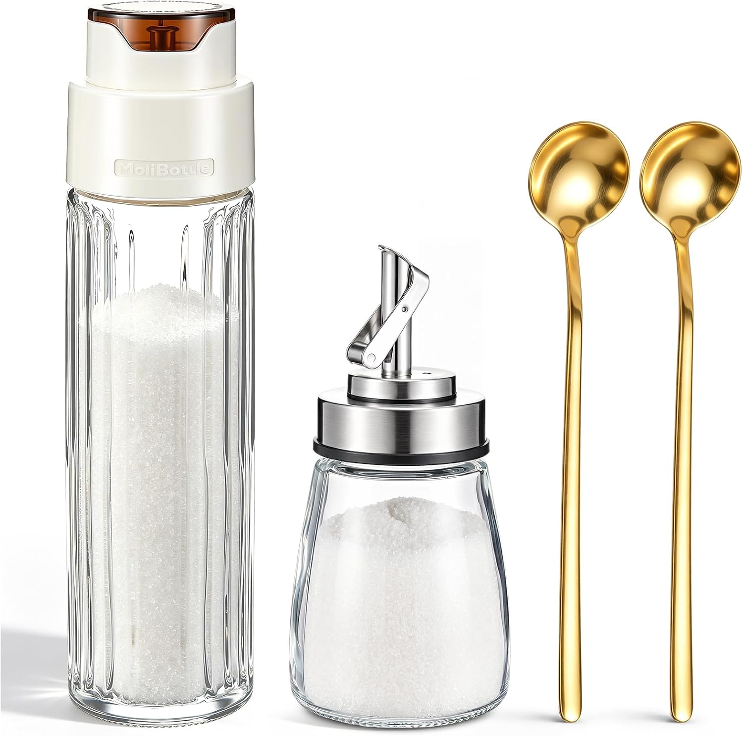 Domensi 4 Pcs Glass Sugar Dispenser Set, 16.9 oz and 6 oz Automatic Pour Sugar Dispensers with Tilt-to-pour Lids, 2 Gold Spoons, Coffee Bar Accessories for Kitchen Counter, Tea and Dining Table