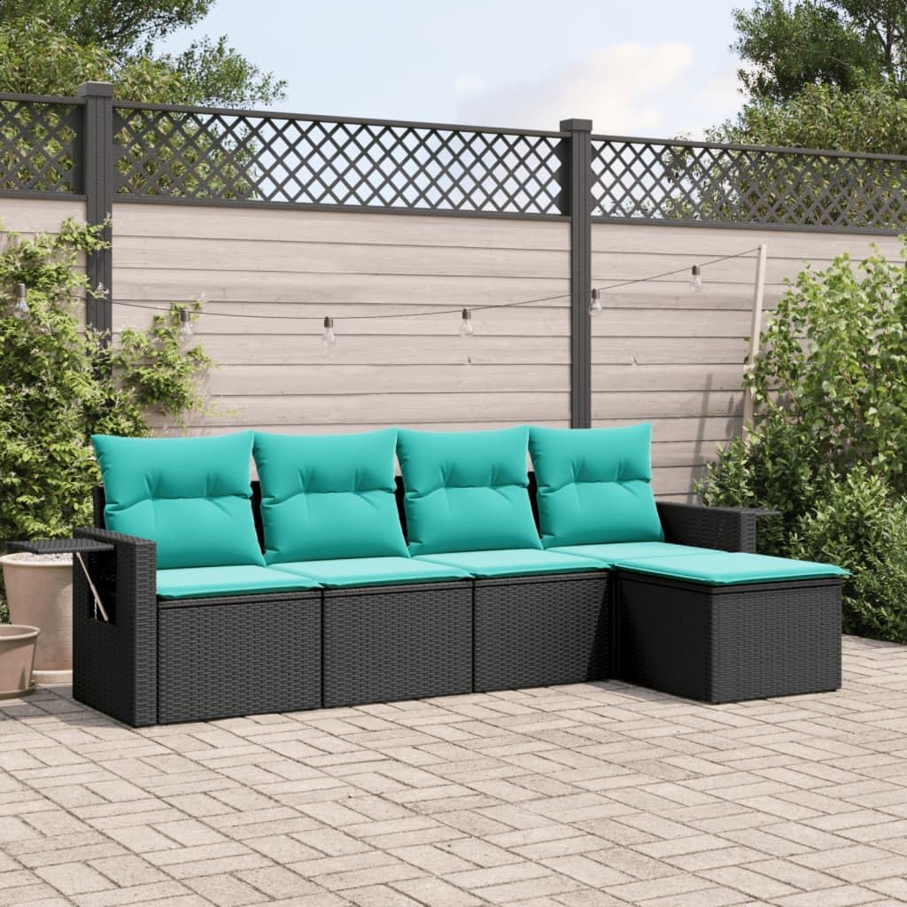 Set Divani da Giardino 5 pz in Rattan PE con Cuscini Blu, Nero | Salotto da esterno modulare con tavolini pieghevoli bracciolo, ideale per momenti di relax in terrazzo o giardino.