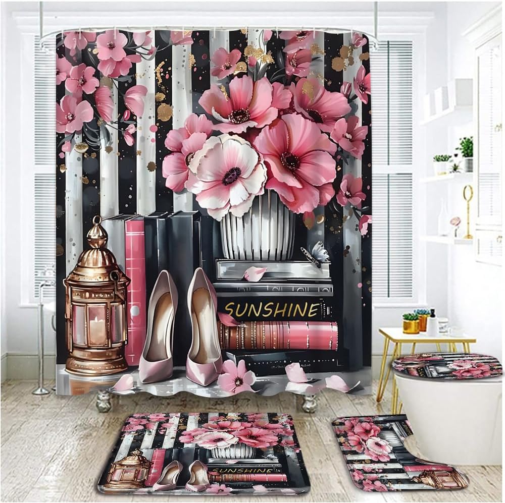 4 Piece Fashion Lady Shower Curtain Set with Rugs, Toilet Lid Cover ,Vintage Modern Magazine Books Pink Floral Bottle Flower Vase Sexy High Heels Black White Striped Bathroom Shower Curtain with Hooks