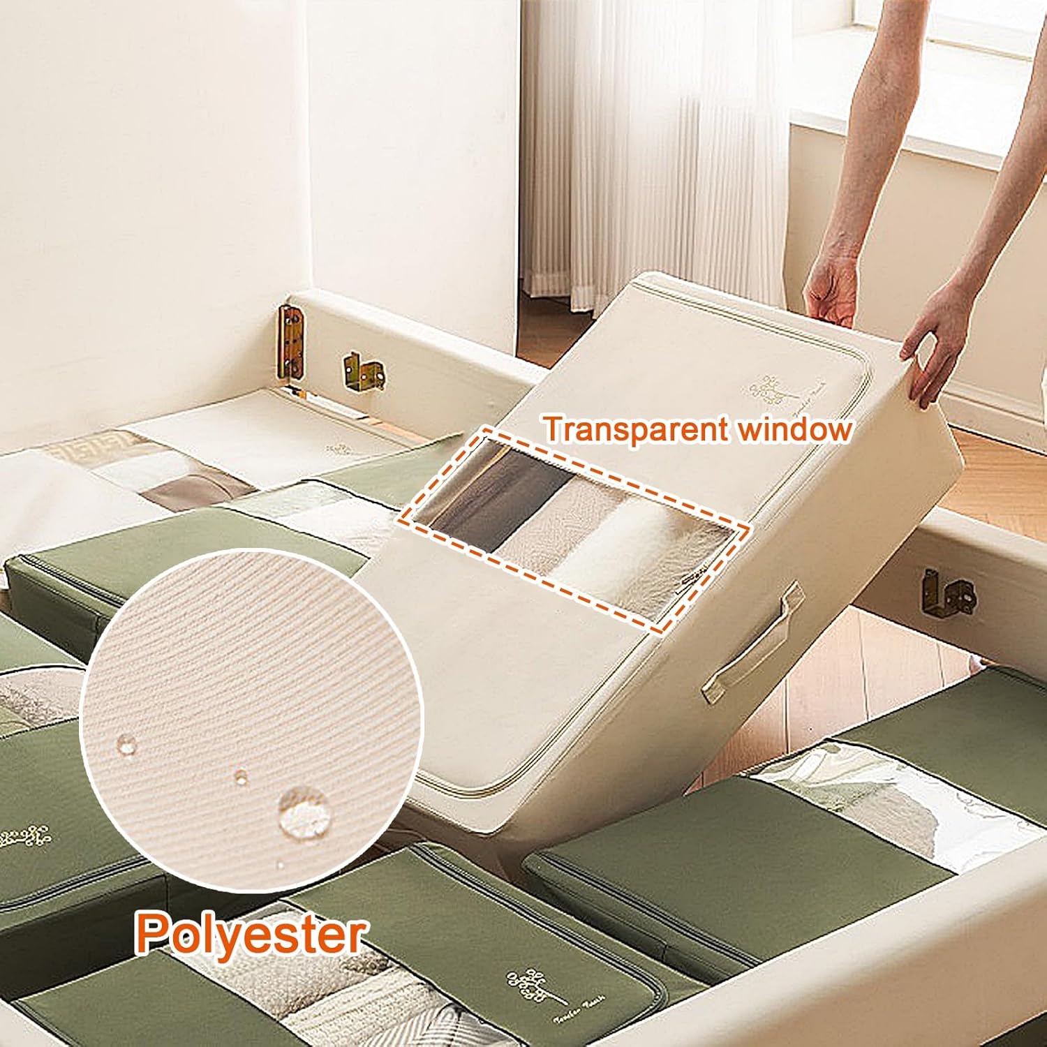 2 Pack Underbed Storage, Foldable Clothes Storage Under Bed, Clear Window and Reinforced Handles, Shoes Blankets Clothes Toy Storage(Beige,44L)