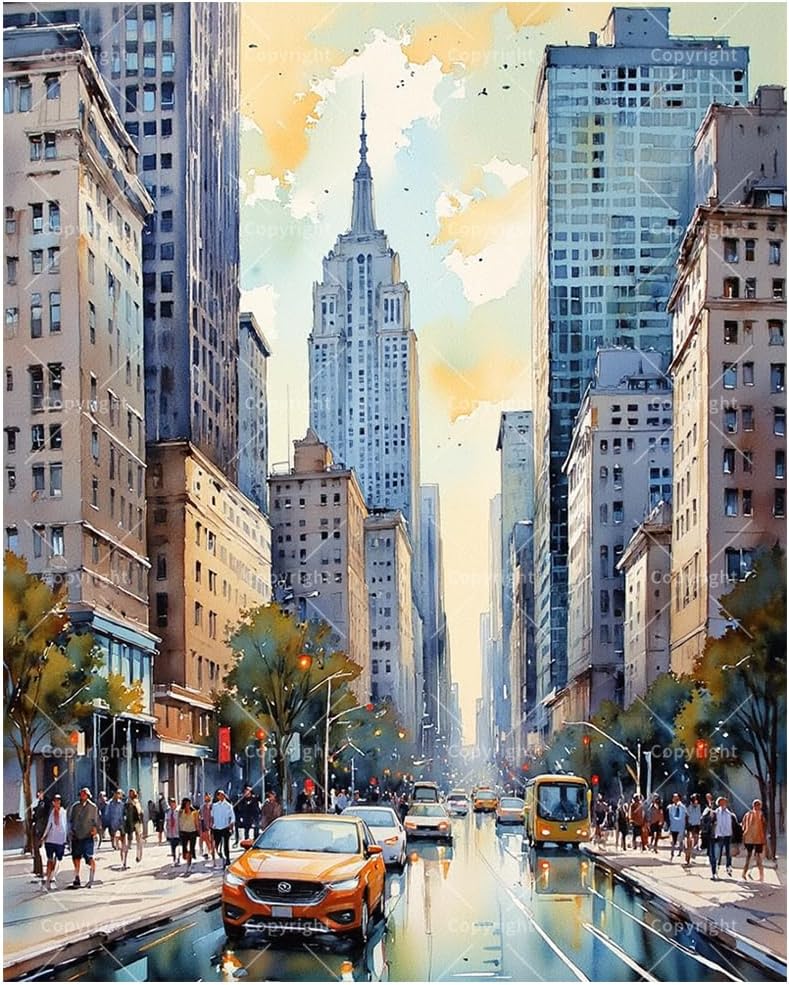 New York Cityscape Paint by Numbers Kit for Adults - DIY Urban Street with Empire State Building Painting on Canvas, Acrylic Paint Set for Beginners, Home Decoration Art or Gifts(16X20IN Framed)