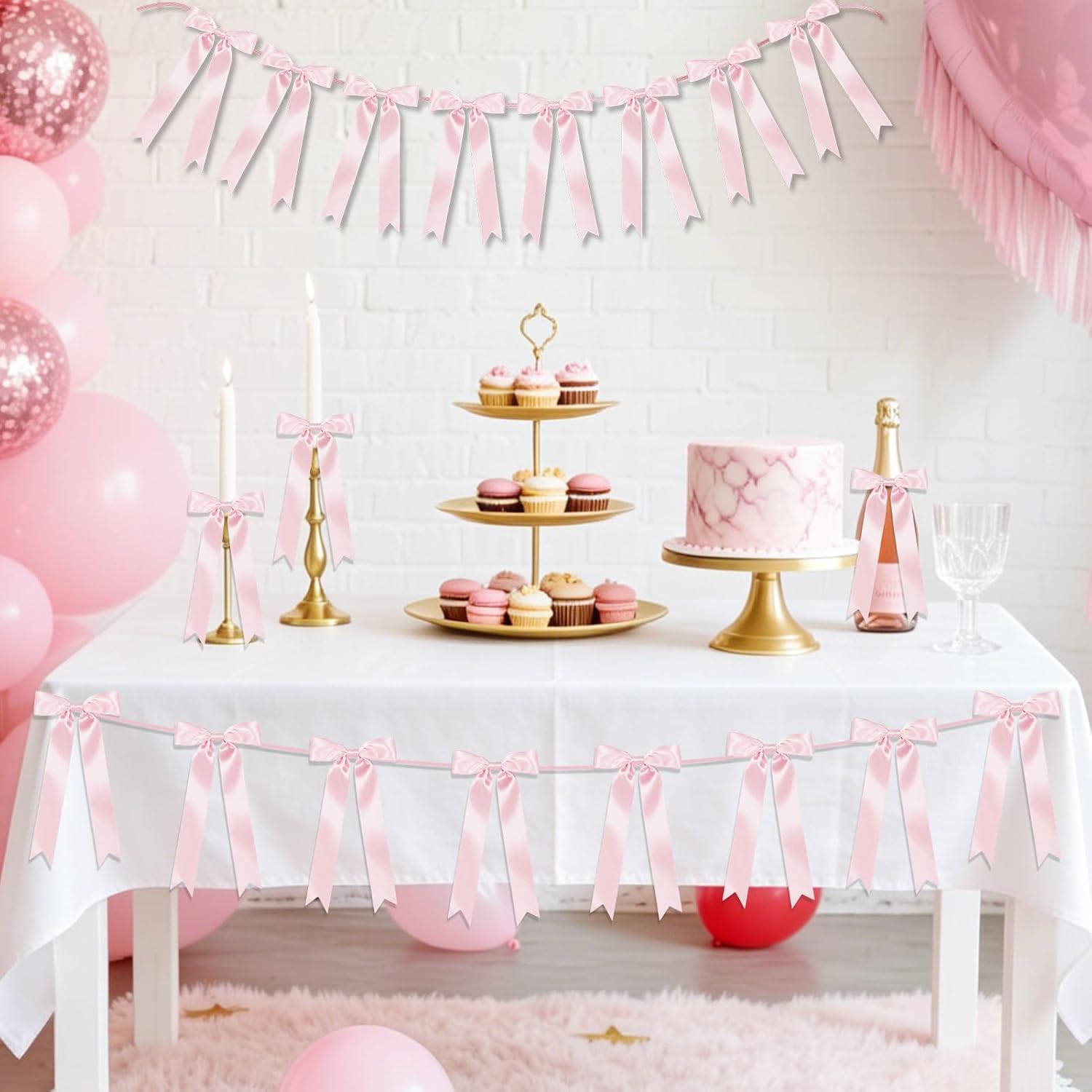 2 Strings of 16Pcs Pre-Strung Satin Ribbon Bow Garland with 9.8FT Chain - Bridal Shower Wedding Bachelorette Party Decor, Coquette Room Banner for Birthday Celebration (Pink)