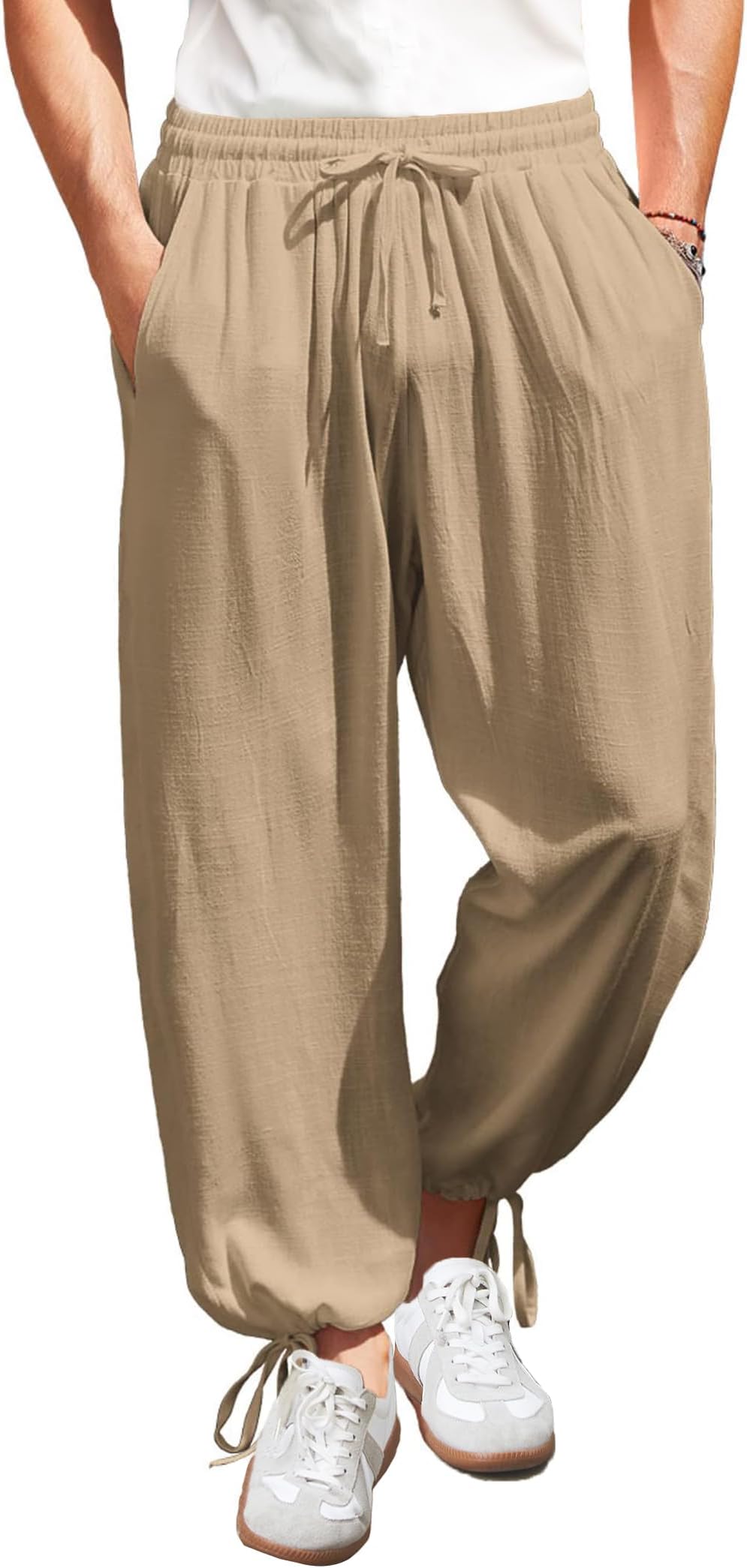 COOFANDYMen's Cotton Linen Pants Causal Harem Pants Elastic Waist Beach Boho Yoga Trousers