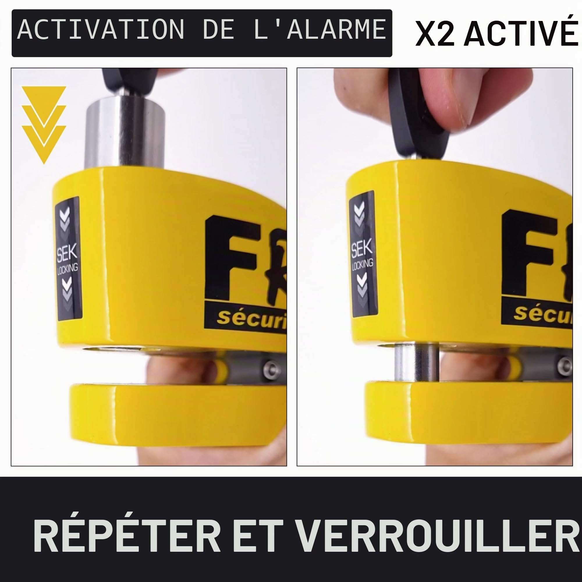 FR Sécurité FR410Y Antivol Moto Homologué SRA Bloque Disque Alarme 120dB Activation Optionnelle, Plus Dissuasive Haute Sécurité Anti Vol, Serrure Anti-Perçage, Bloc Cadenas Motos Scooter