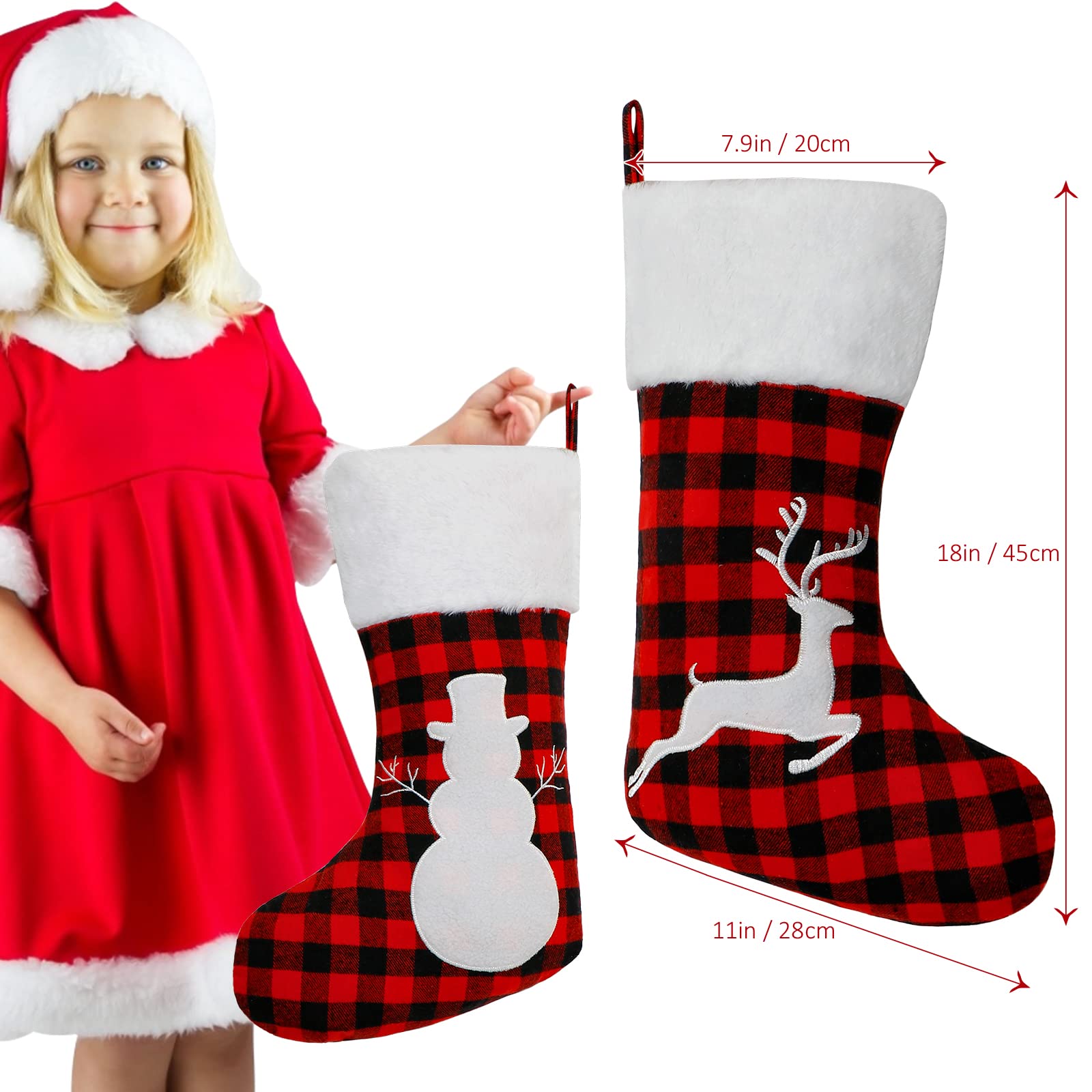 Dremisland Lot de 4 chaussettes de Noël - 45,7 cm - Motif écossais - Rouge et noir - Avec revers en fausse fourrure - À suspendre - Pour décoration de fête de Noël
