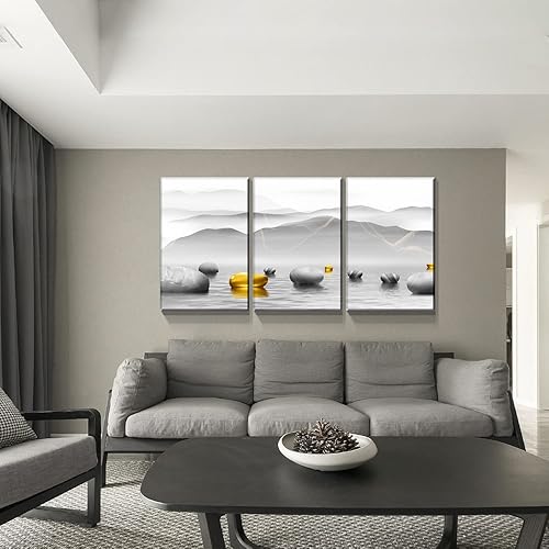 Miniatura 3 de Looife Lienzo decorativo para pared, 24 x 36 pulgadas, 3 paneles de piedras amarillas y grises en el lago debajo de la montaña, pintura giclée,