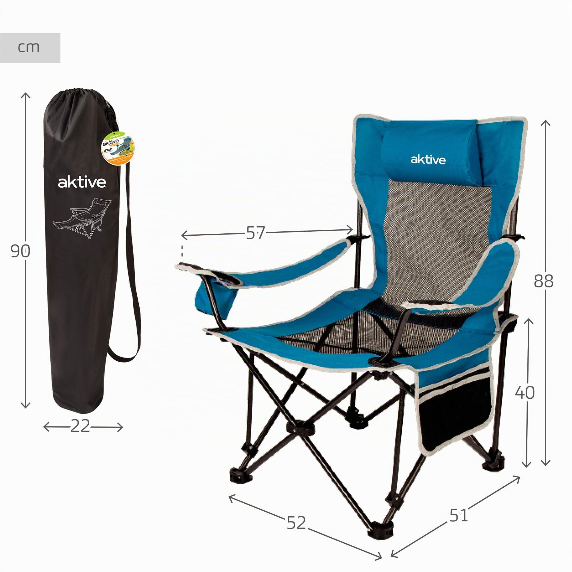 Aktive 63001 Chaise longue pliable de camping avec oreiller et dessous de verre, capacité 1 personne, charge 150 kg, chaise longue de jardin extérieur anti-basculement