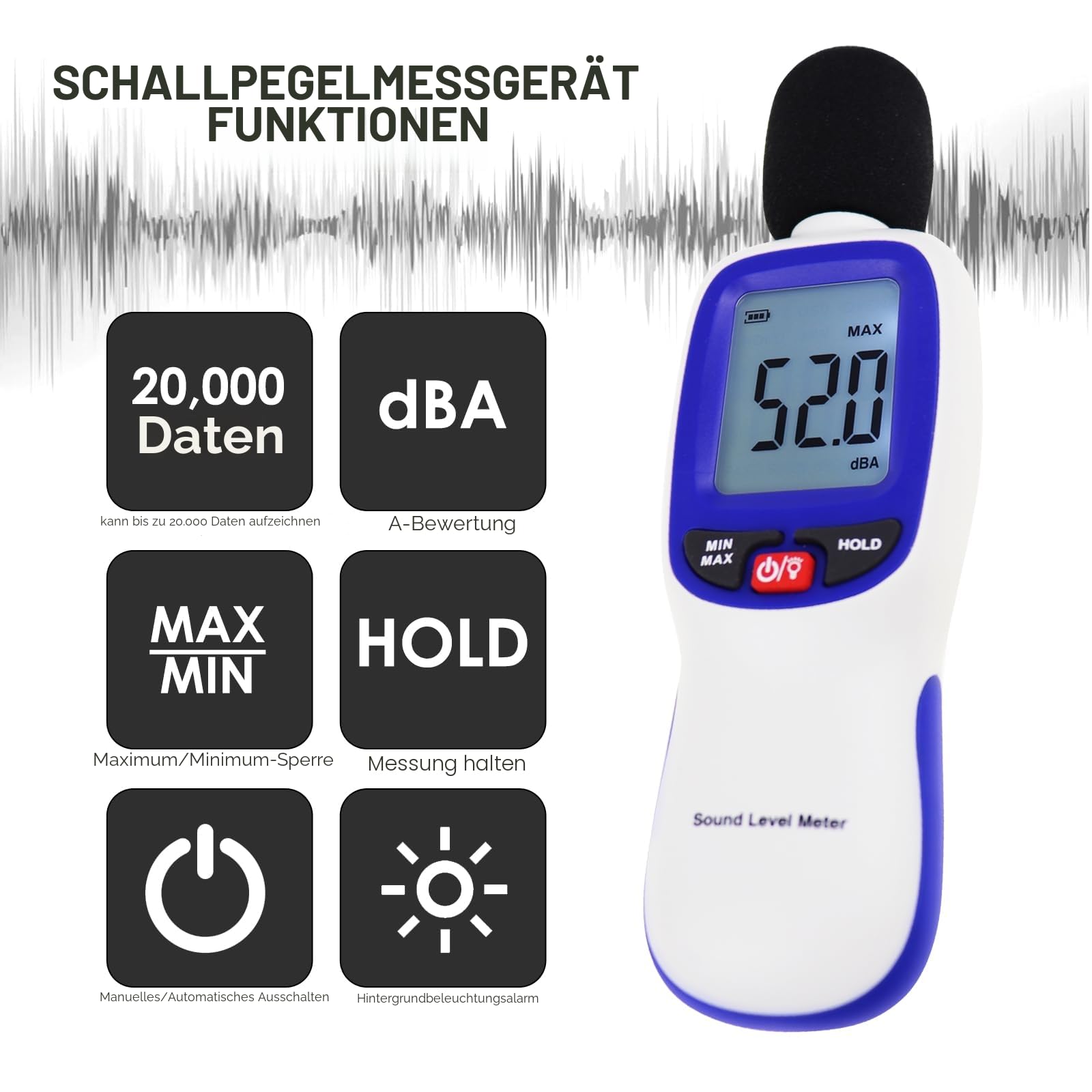Dezibel-Messgerät, kabellos, Schalldämmungsmesser mit App, Datenprotokollierung, Bluetooth, tragbar, Schallpegelmesser, hohe Genauigkeit, SPL-Meter für Klassenzimmer, Büro, Zuhause usw.