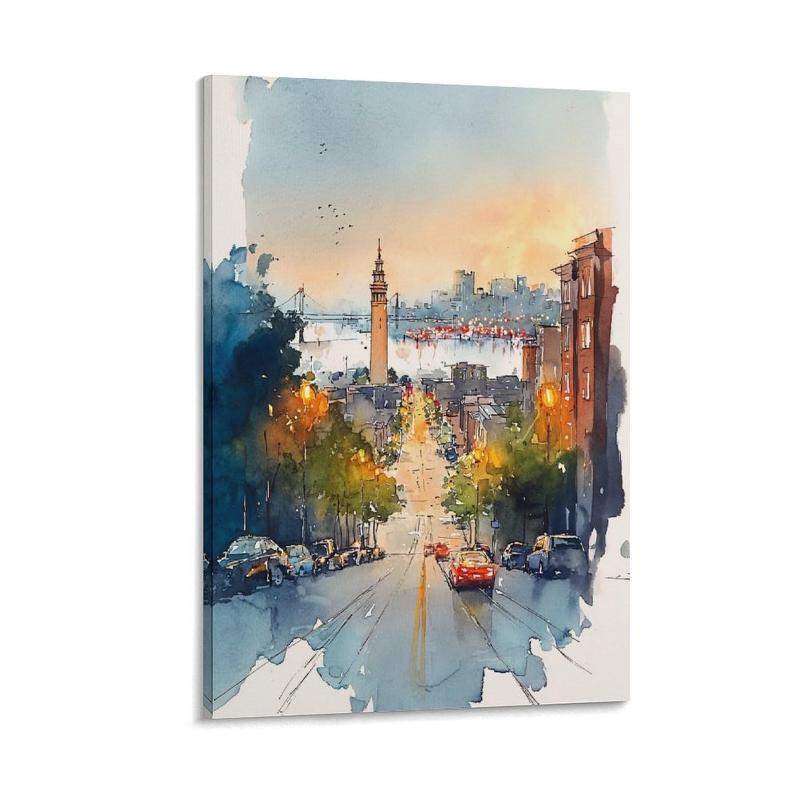 LCYNNH San Francisco Street 20x30inch(50x75cm) Vintage Travel Poster Watercolor Canvas Art