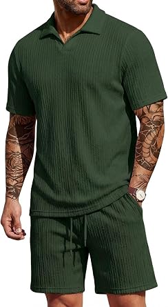 Mens Summer Beach Outfits 2 Piece Textured V Neck T Shirt and Shorts Set