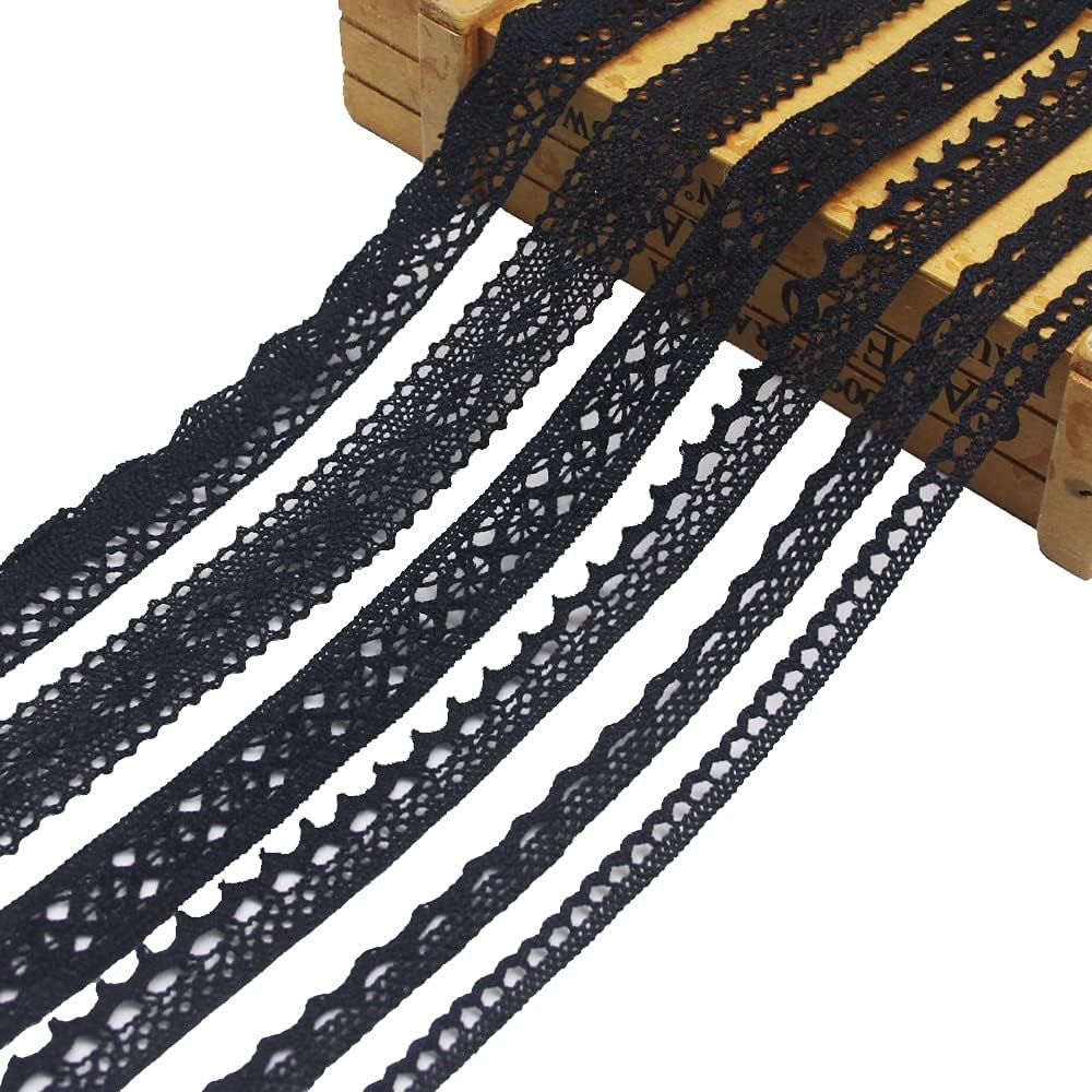 SEMINI 30 Yards Lace Trim Ribbon - Vintage Crochet Scalloped Edge for Bridal Wedding Decoration, Christmas Package, DIY Sewing Craft Supply - 5 Yards Each, 6 Styles (Black 01)