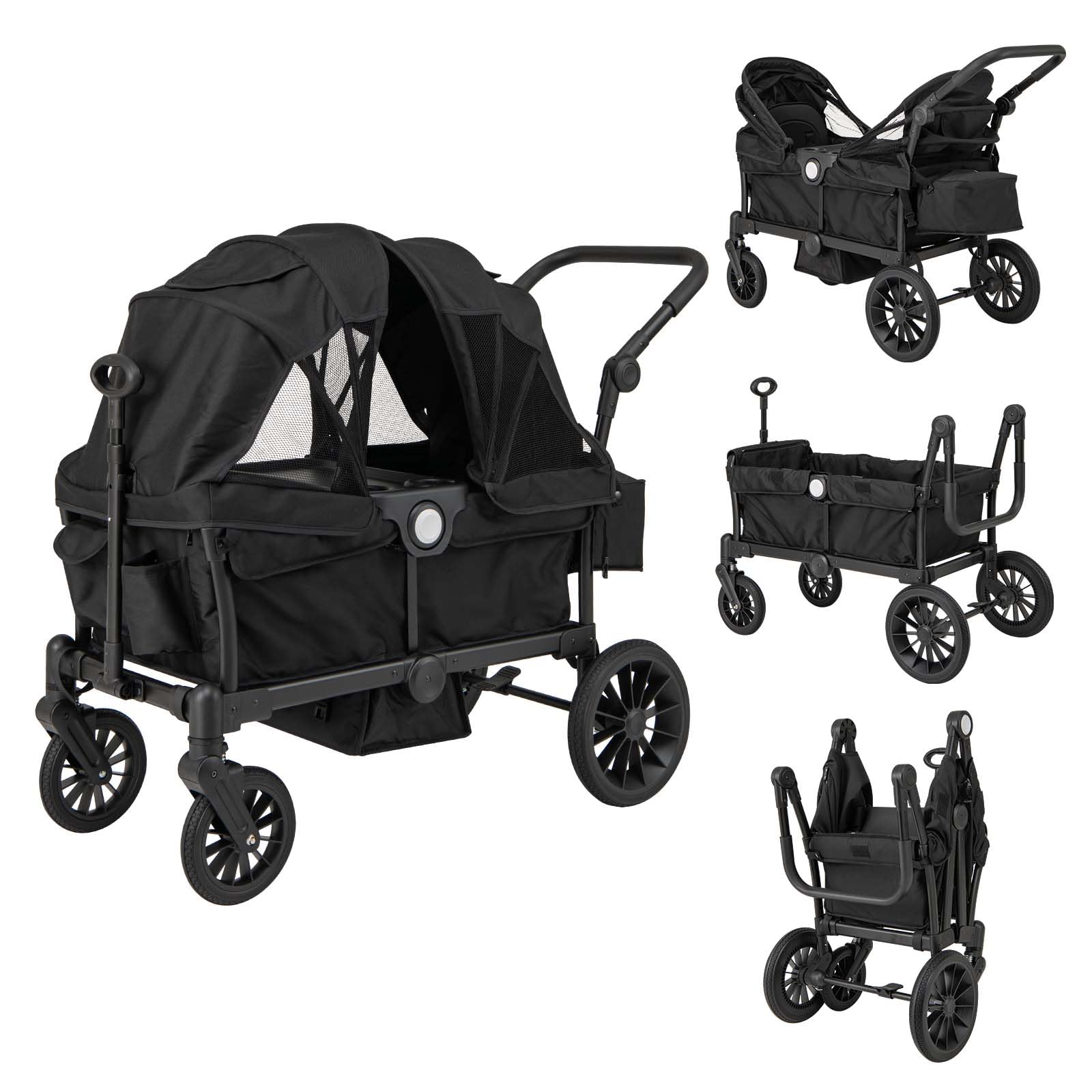 COSTWAY Passeggino Doppio Pieghevole, Passeggino Gemellare con Manico Regolabile, Tettuccio Rimovibile, Portabicchieri, per Bambini da 6+ Mesi, 104 x 57 x 107 cm (Nero)