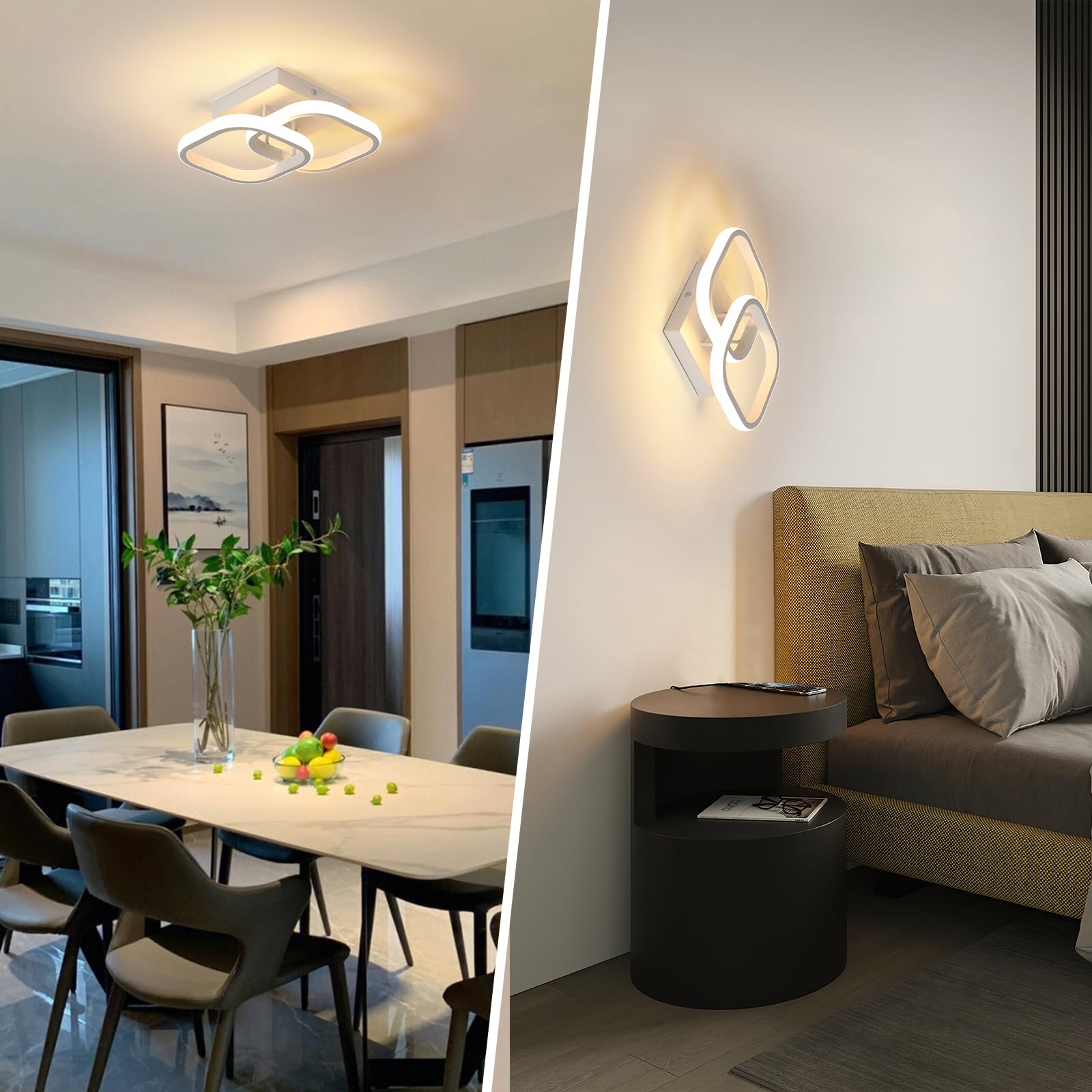 Comely 2 Packung LED Deckenleuchten Modern, 22W 2700LM Kleine Quadratische LED Deckenleuchte, Innenbeleuchtung für Schlafzimmer, Wohnzimmer, Gang, 3000k Warmes Licht, Weiß, 24cm