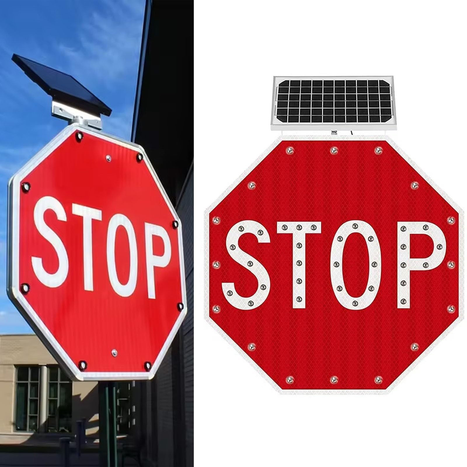 Señales Stop, Paneles Solares Reflectantes, Octogonal Aluminio Reflectante Con LED Intermitente, Control Inteligente Del Sensor De Luz, Ideal Para Cruces De Calles Y Pasos De Peatones(60 * 60cm/24in)