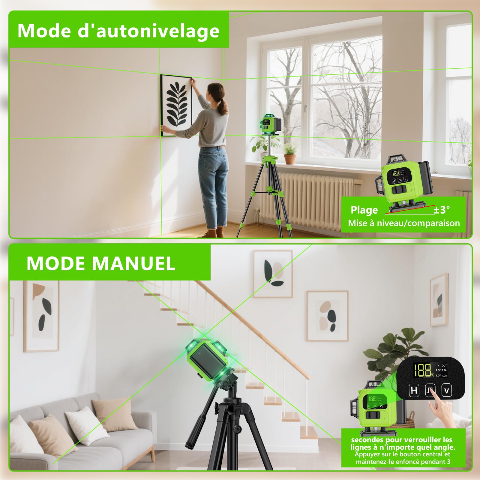 Niveau Laser Chantier Autonivelant 360° x 4, Lazer Niveaux 4D 16 Lignes Laser, Autonivellement et Mode Pulsé Extérieur, 2 x Batterie, Nivellement Automatique, Support Rotatif, Télécommande, Trépied