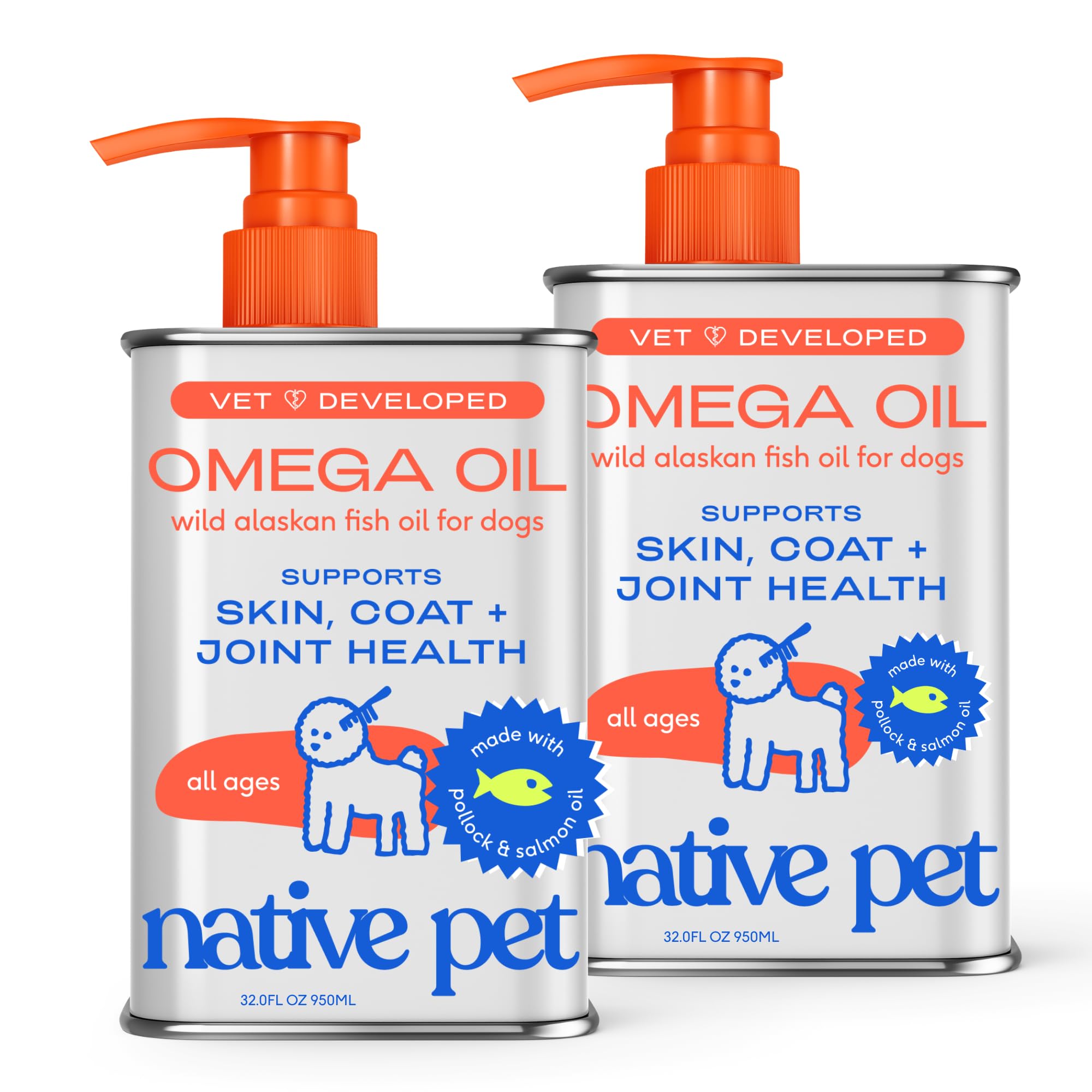 Native Pet Omega 3 Fish Oil for Dogs &amp; Cats – Wild Alaskan Salmon Oil for Dogs Skin and Coat, Supports Joints, Heart &amp; Shedding – Fast-Absorbing Omega 3 6 9 Liquid Supplement – 32oz (Pack of 2)