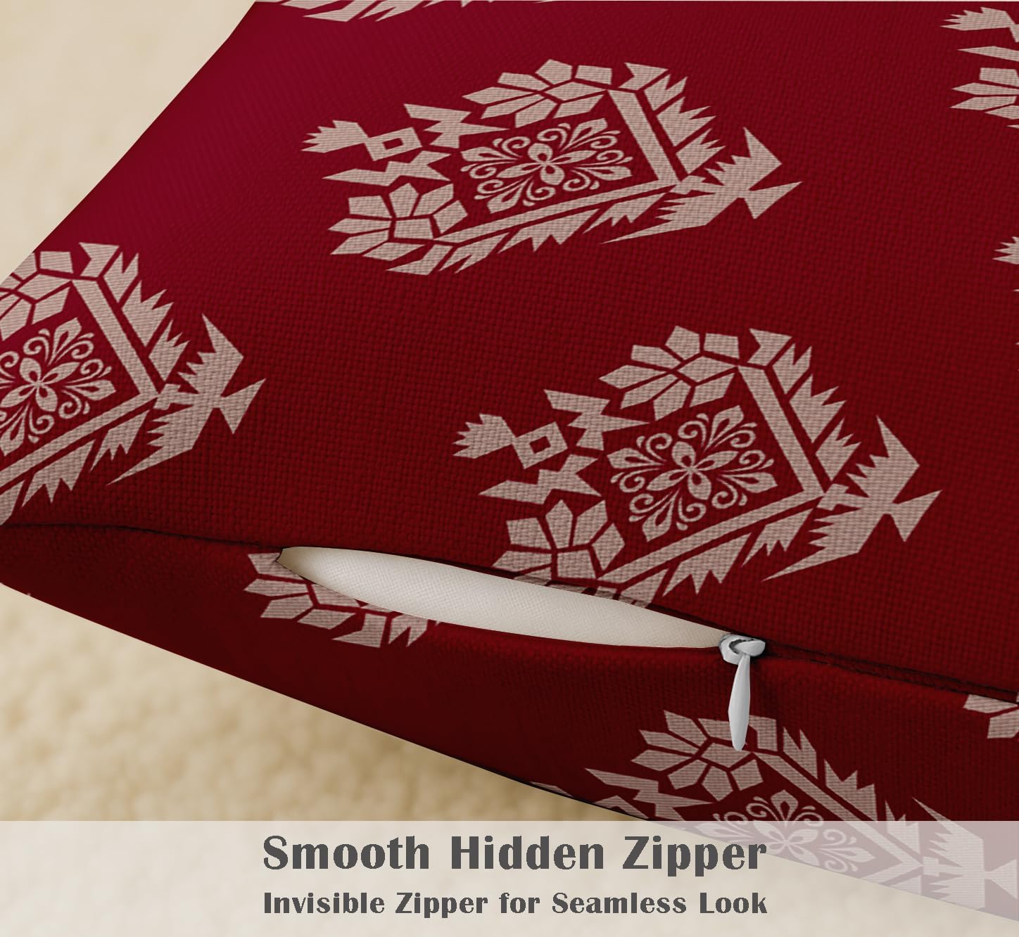 Set of 4 16x16 Inch Pillow Covers - 100% Cotton, Decorative Geometric Print, Double-Sided Print with Concealed Zipper - Filler Not Included - Crimson