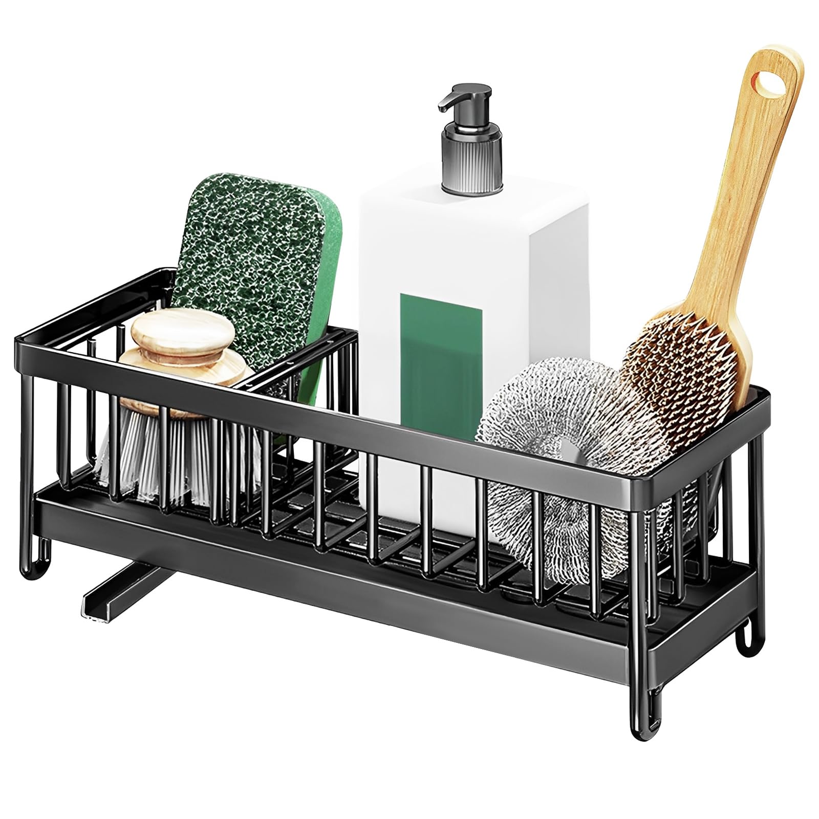 Yuekuntj Black Kitchen Sponge Rack Stainless Steel Cleaning Utensil Caddy Sink Washing Up Organiser Drainage Kitchen Sink Holder With Removable Drip Tray And Compartment For Brush Countertop(Black)