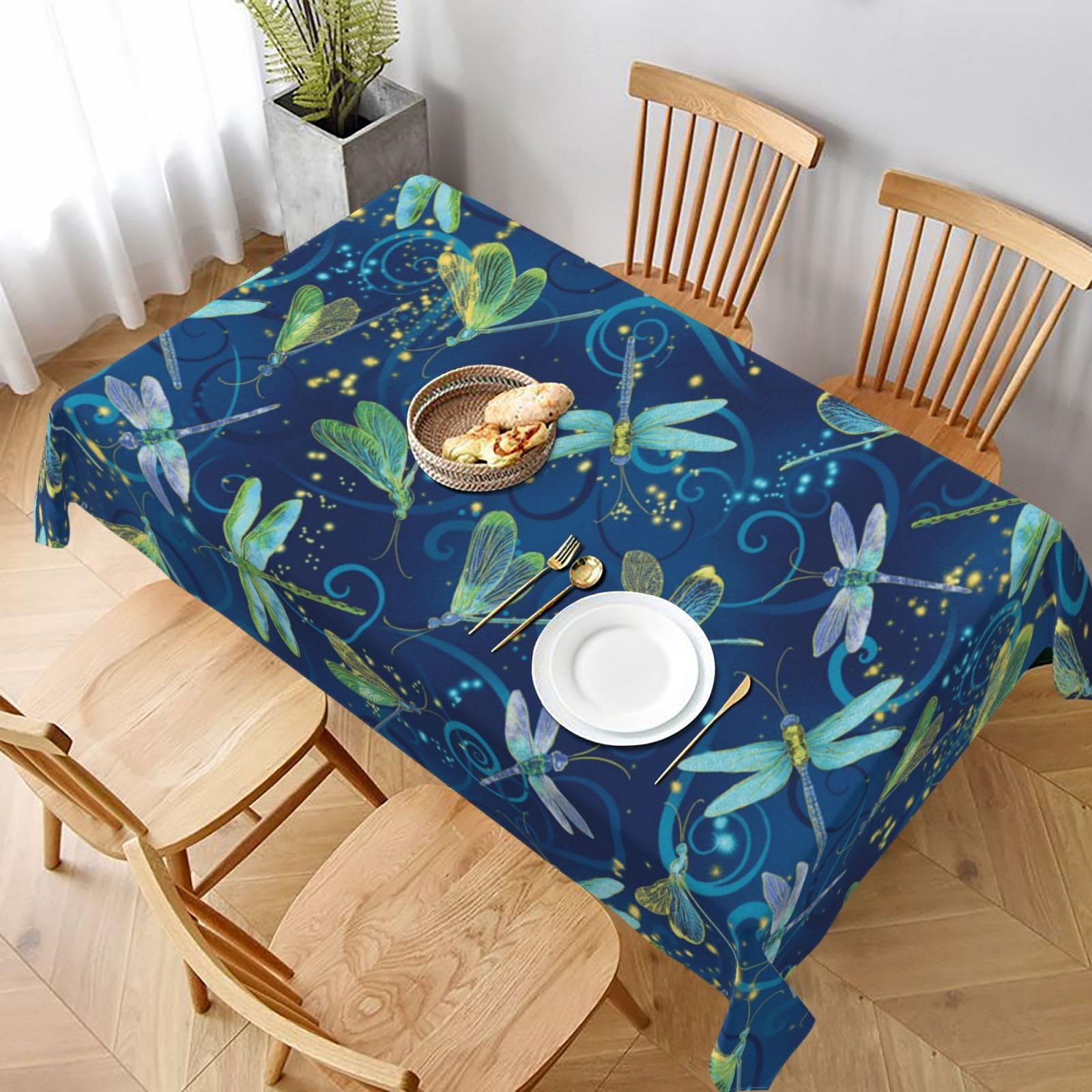 BNVSADC Blue Dragonfly Printed Rectangle Tablecloth 228x152 CM, Water Resistant Polyester Table Cloth Decorative Fabric Table Covers for Kitchen Dining Table Parties Camping