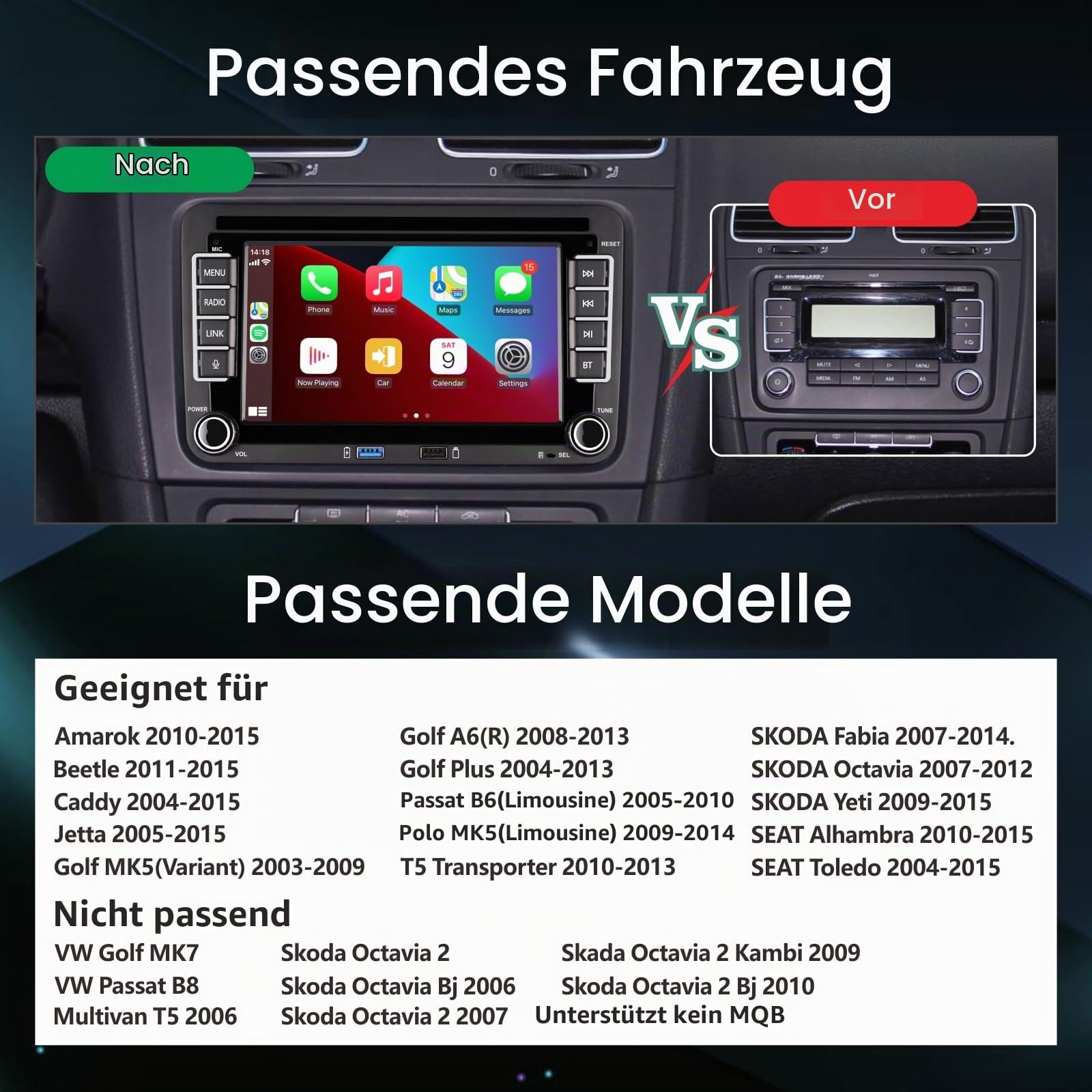 Linux Autoradio Mit Bildschirm für Golf 5 6 VW Polo 6R T5 Passat Touran Seat mit Navi FM/AM, WLAN, Apple Carplay, Android Auto, Lenkrad Strg, DAB AutoTouch Display 7 Zoll