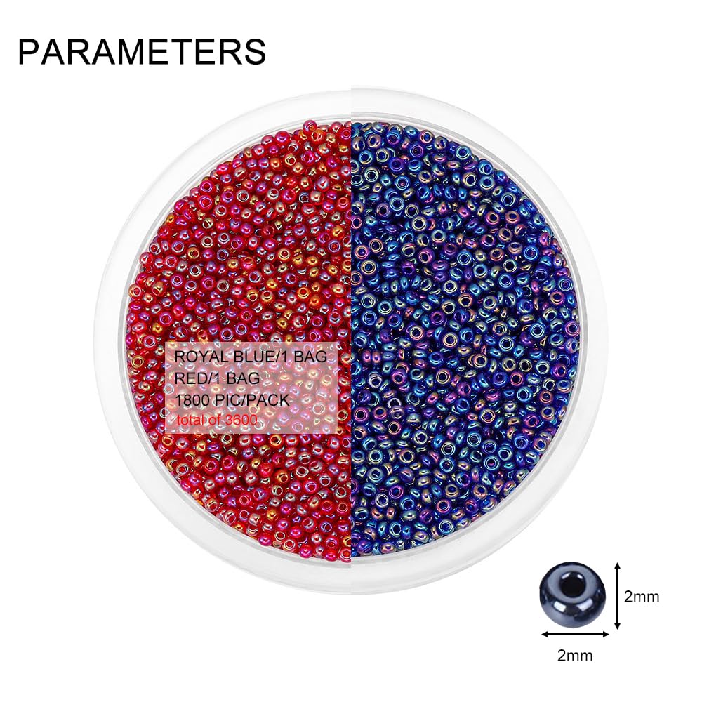 2 Packs 3600pcs Glass Seed Beads AB Colorful 2MM Spacer Bead Small Craft Seed Beads for DIY Beading Royal Blue and Red - Image 4