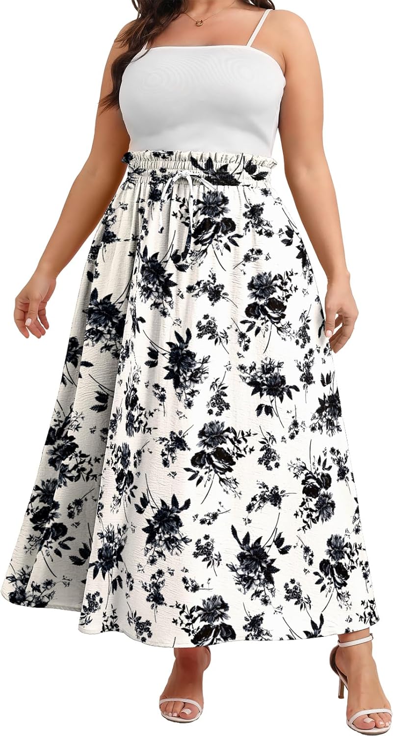 Xpenyo Womens Plus Size Maxi Skirts Summer Elastic High Waisted Boho Casual Beach Flowy Swing Long Skirts with Pockets - Image 4