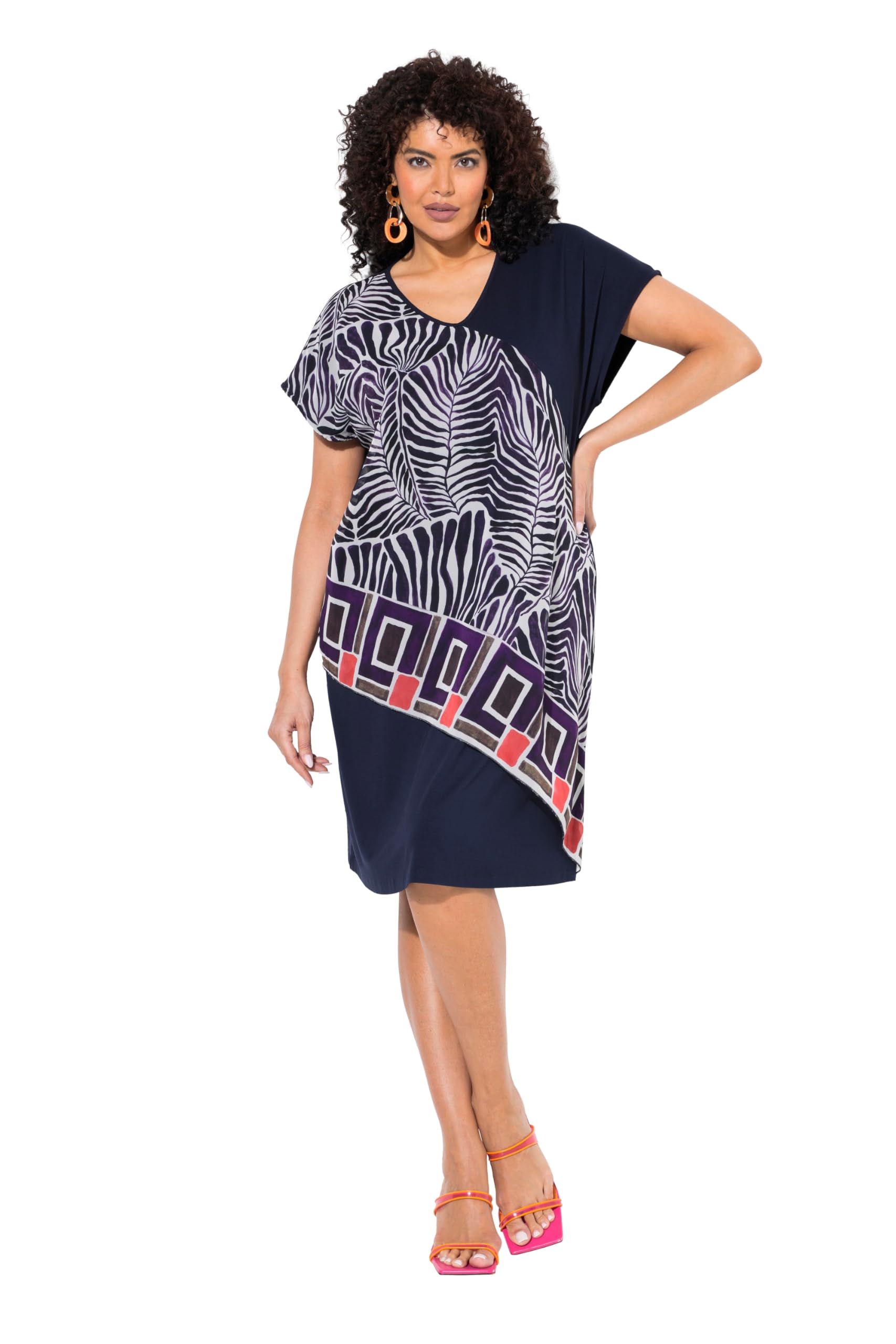 Ulla Popken Damen große Größen Übergrößen Plus Size Jerseykleid, Chiffon-Überwurf, V-Ausschnitt, Halbarm 840118