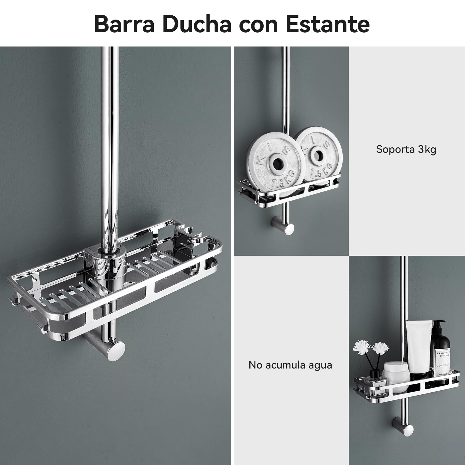 Auralum Barra de Ducha 70cm de Acero Inoxidable con Estante sin Taladrar, Columna de Ducha sin Grifo con Soporte Ajustable 360°, Ø22mm Compatible con Agujeros Existentes, Ideal para Renovación, Cromo