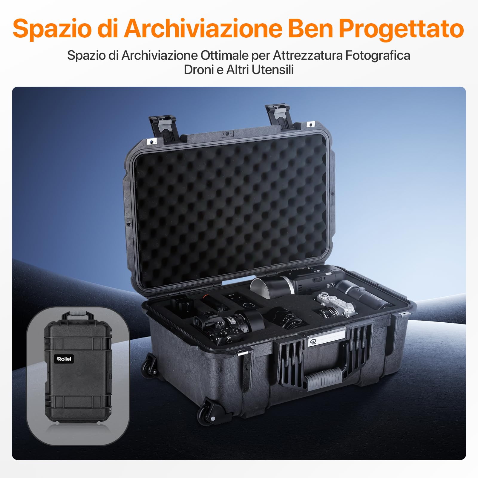 Rollei Valigia per fotocamera, trolley estremamente robusta, infrangibile e impermeabile, grande valigetta con ruote, regolazione automatica della pressione e protezione antifurto, trolley per