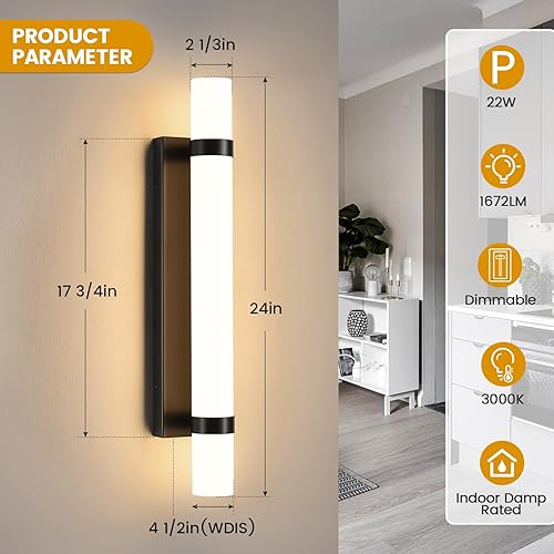 Miniatura 3 de Lámparas de baño de 24 pulgadas, accesorios de iluminación de baño negros sobre el espejo, luz LED regulable de 22 W para mesita de noche, pasillo,