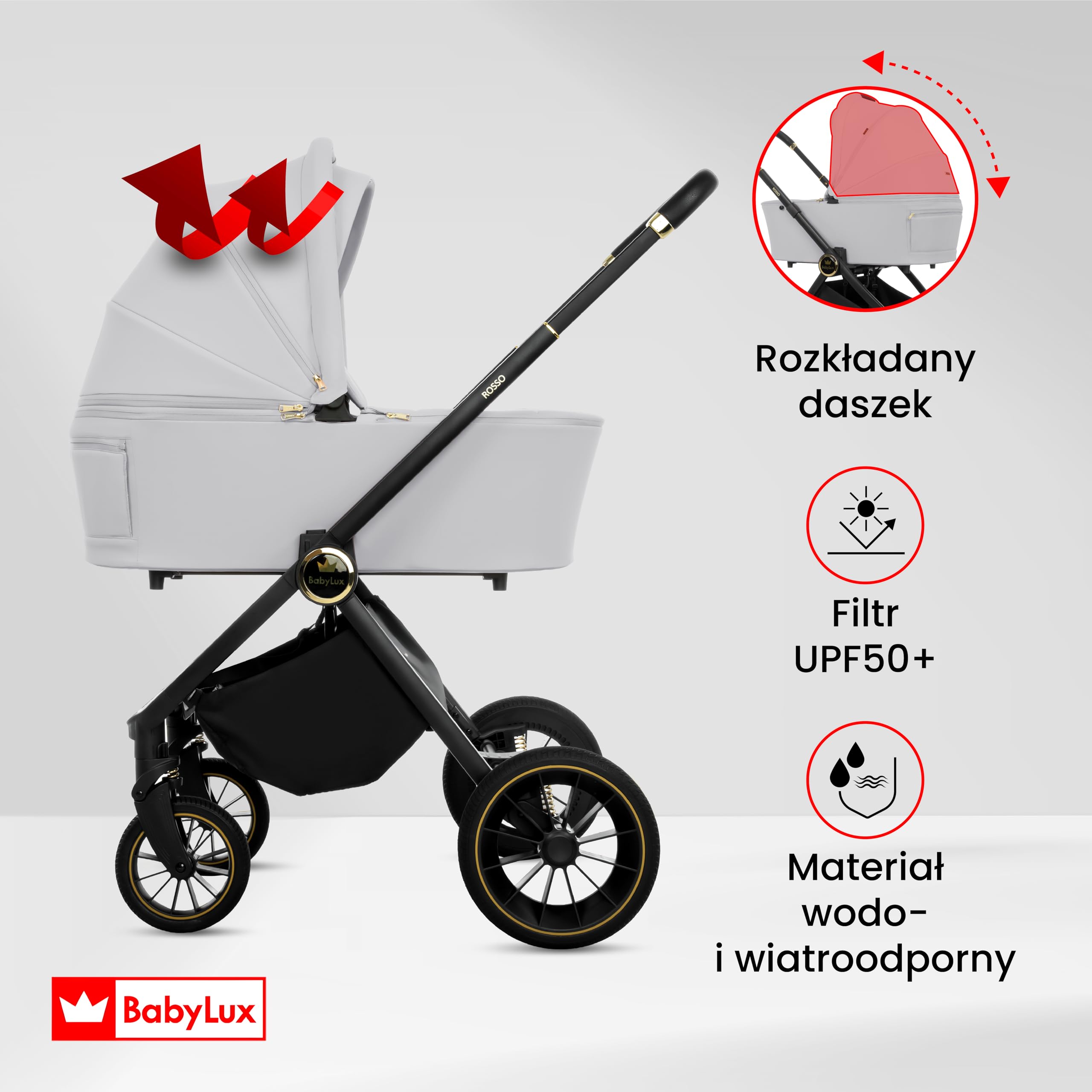 BabyLux Wielofunkcyjny Wózek Dziecięcy 3w1 ROSSO Gondola, Spacerówka, Fotelik Samochodowy z Akcesoriami, Lekki i Kompaktowy, Składana Aluminiowa Konstrukcja Stelaża, Regulowane oparcie, Żelowe Koła