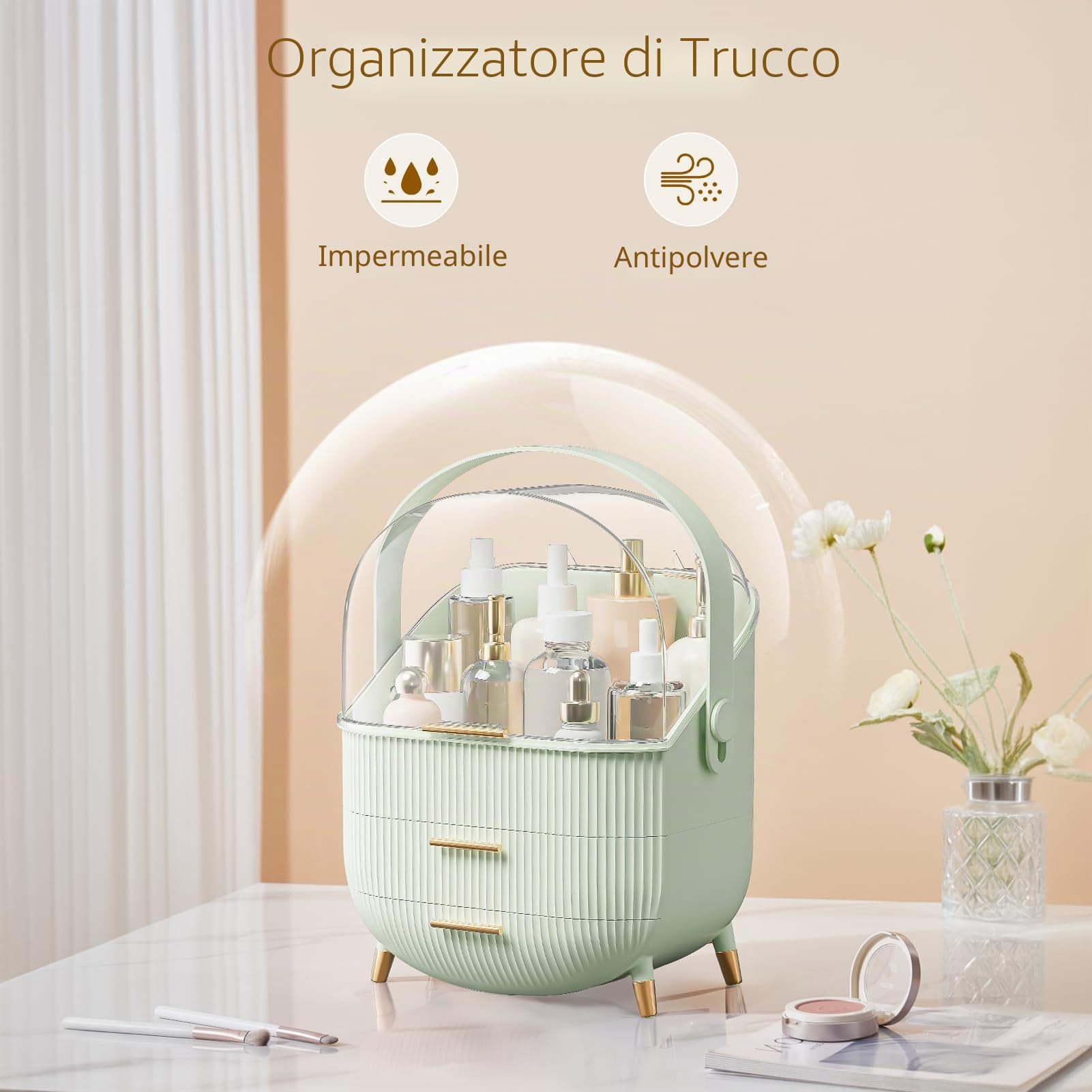 Scatola di trucco multifunzionale antipolvere per cosmetici, organizer per cosmetici, prodotti per la cura della pelle, scrivania, nuova versione (verde menta)
