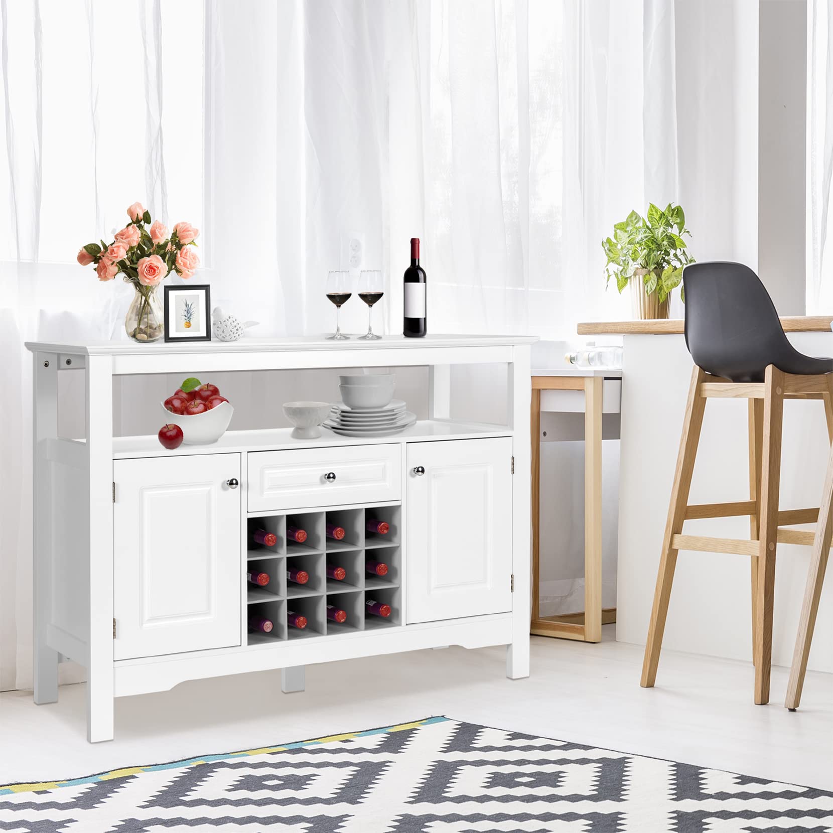 Buffet Multi-usages KOMFOTTEU Avec Casier à Vin - Meuble Rangement Cuisine, 120x40x127.5 Cm, Blanc/Marron