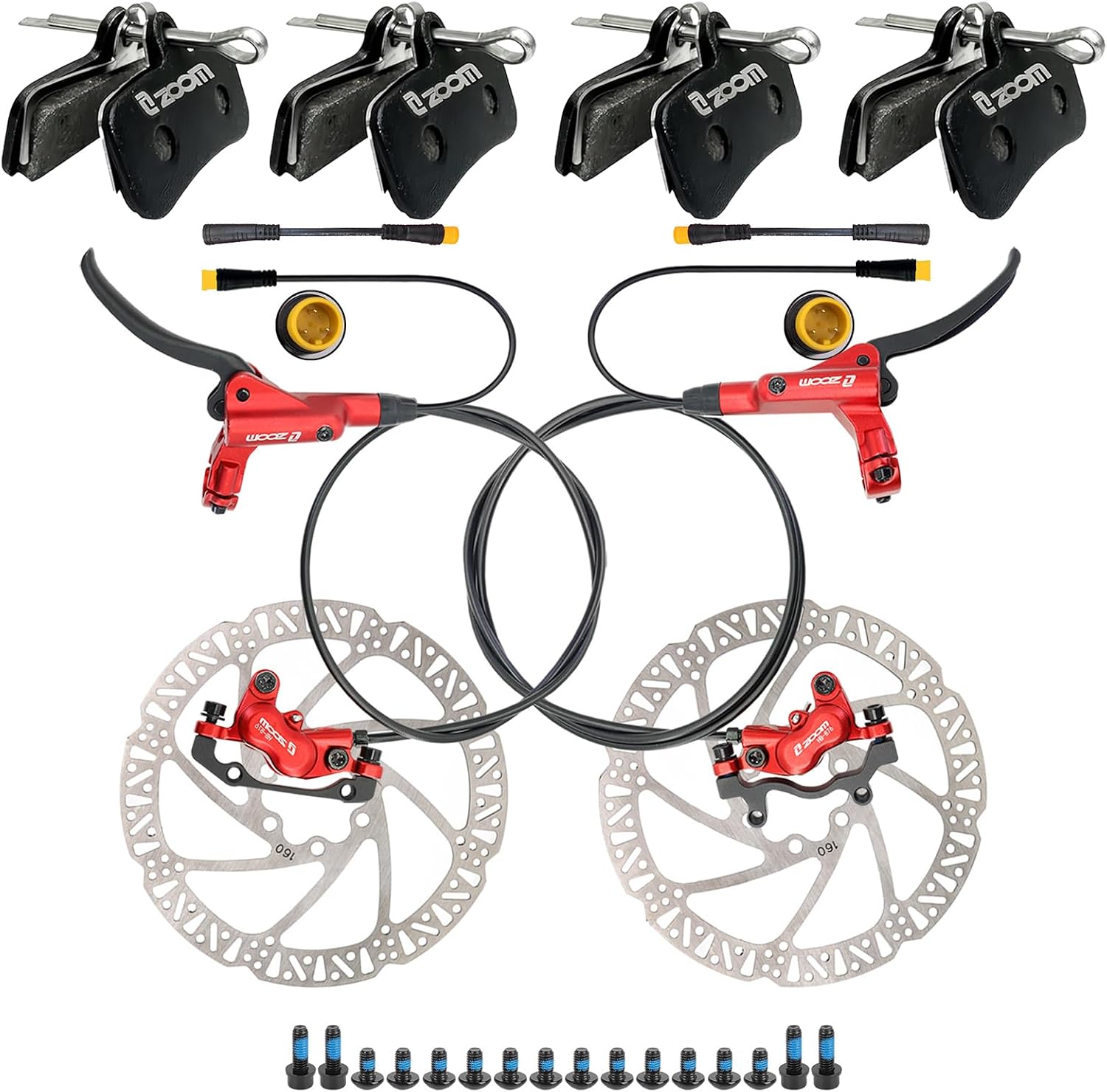 ZOOM HB876E Hydraulic E-Bike Brake Kit with 4 Pairs 4-Piston Brake Pads, 3-Pin Power Cut-Off Sensor, Front & Rear Disc Brake Set for Electric Bike & MTB