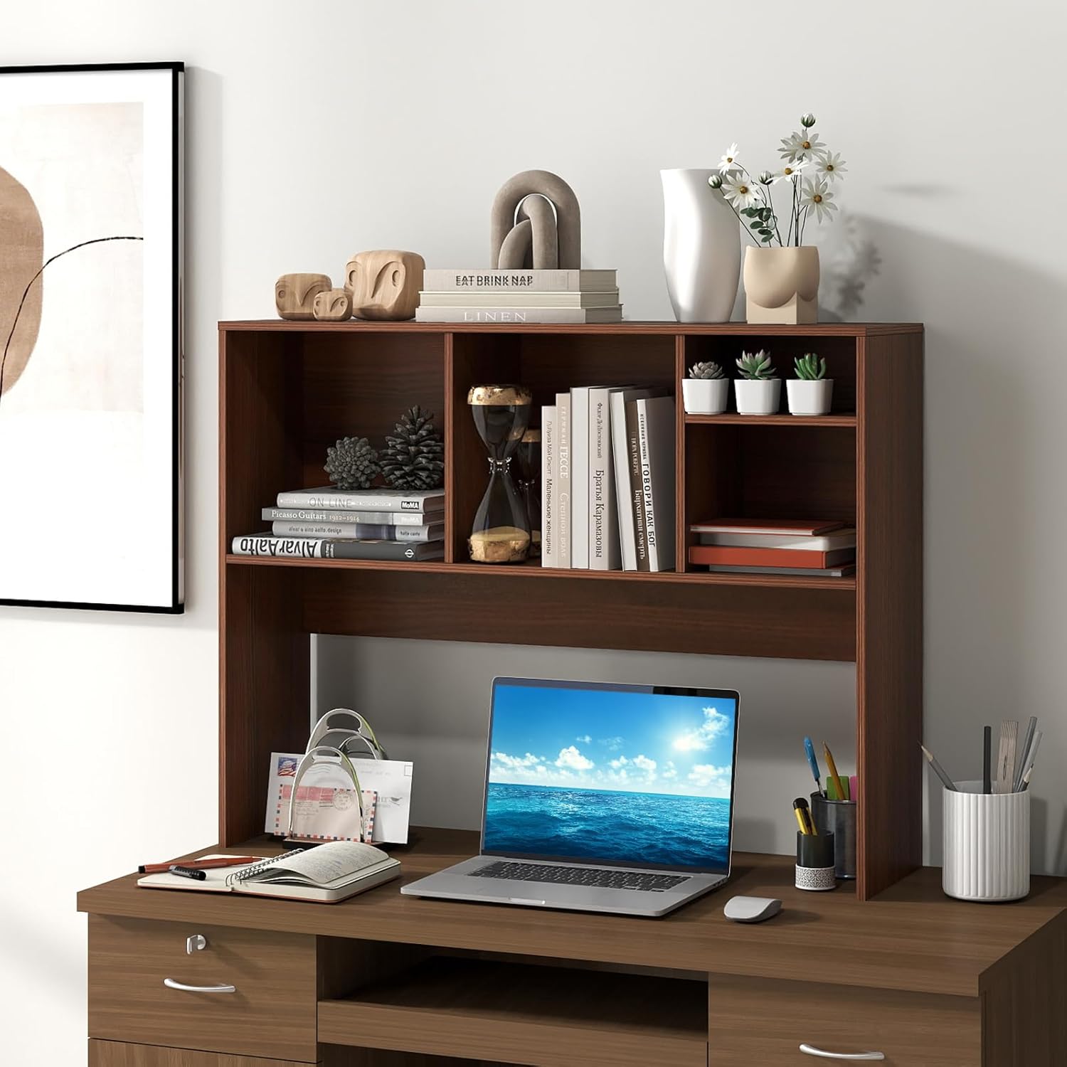 Giantex Desktop Bookshelf, Countertop Storage Hutch with 4 Shelves for Computer Desk, Dressing Tabletop Display Rack, Multipurpose Desk Hutch Storage Organizer for Home Office Dorm (Walnut)